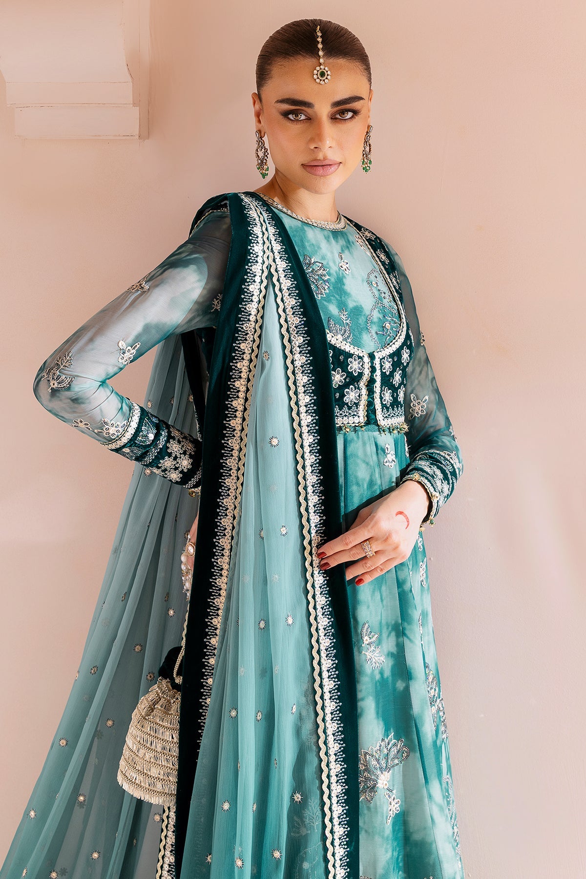 Women Wearing Embroidered Velvet Formal CVF D-06 Aqua Long Frock for Wedding Events - Pakistani Designer Wear for Women in UK | Kifat