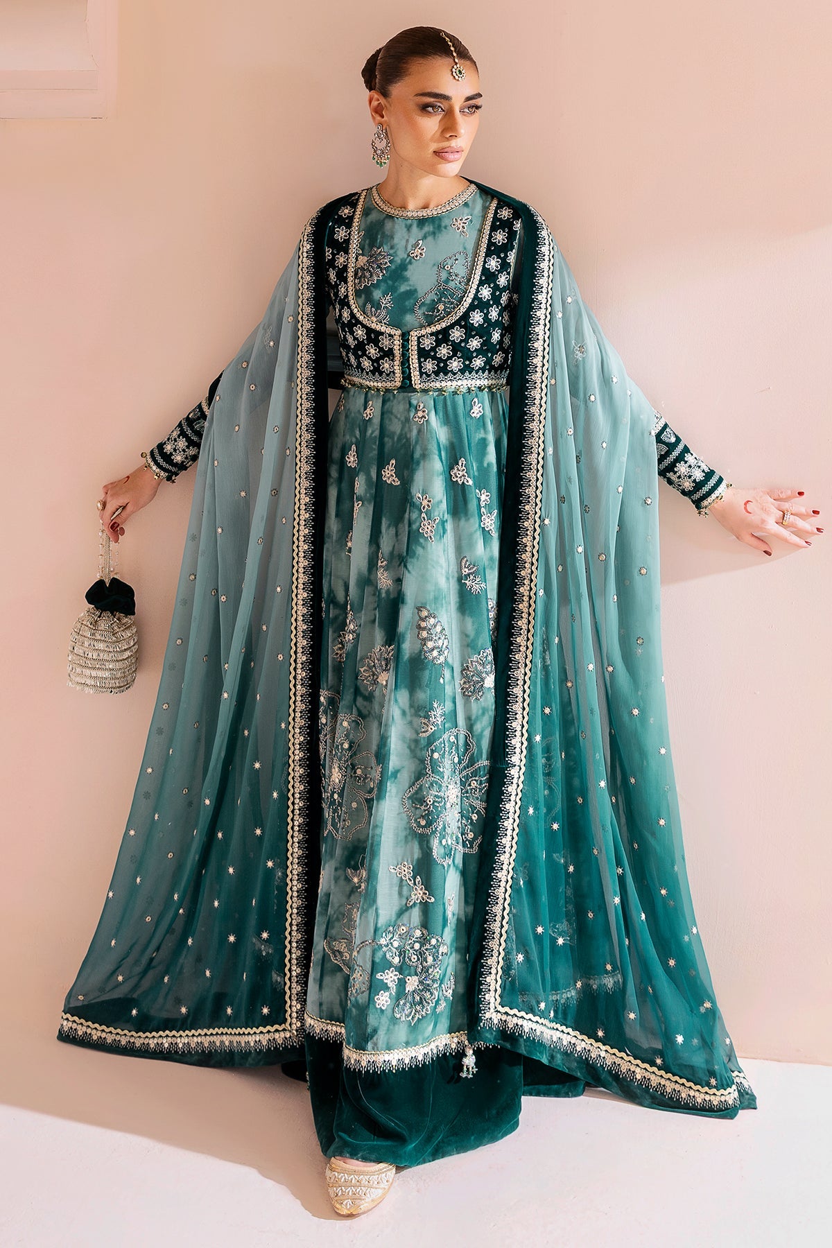 Women Wearing Embroidered Velvet Formal CVF D-06 Aqua Long Frock for Wedding Events - Pakistani Designer Wear for Women in UK | Kifat