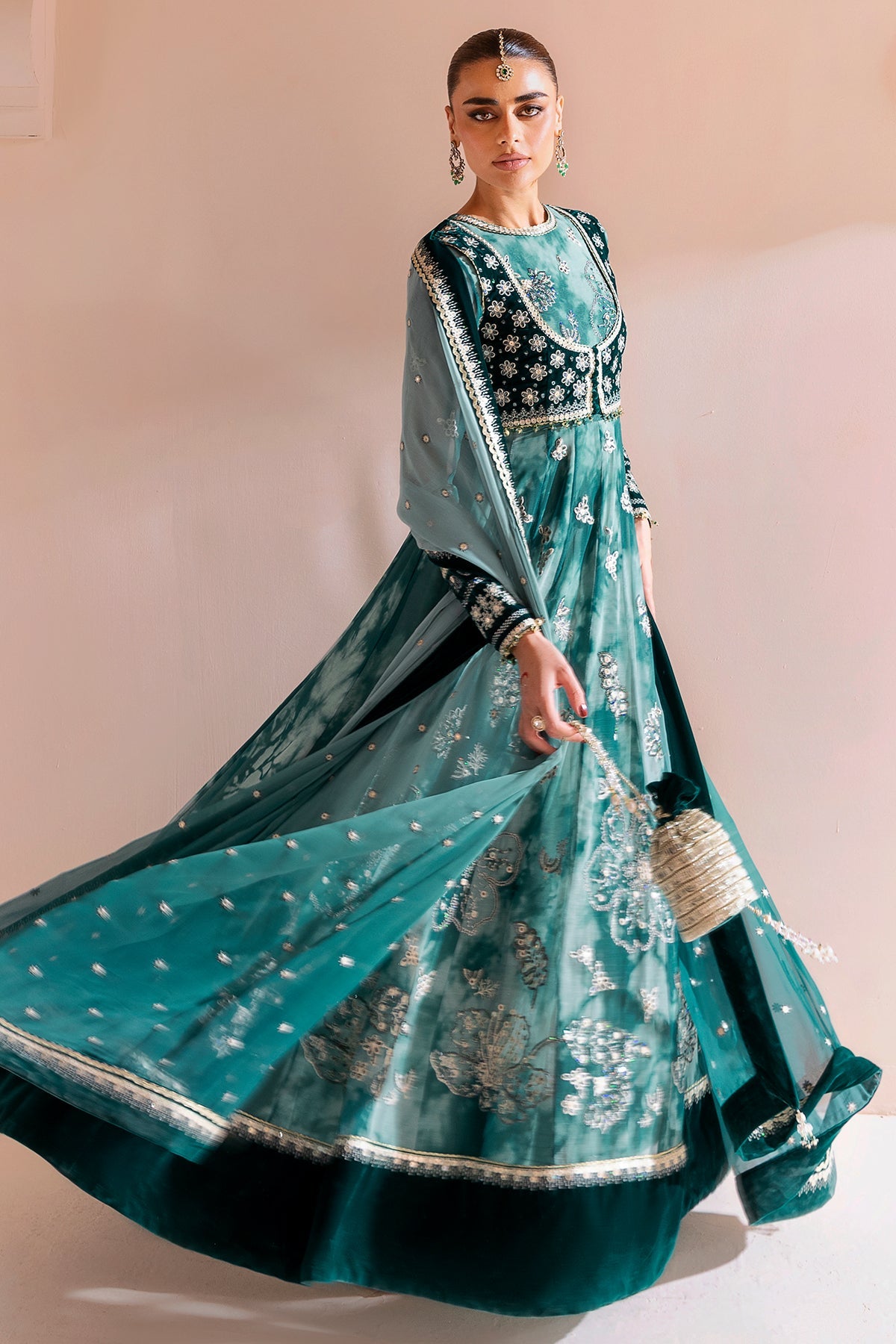 Women Wearing Embroidered Velvet Formal CVF D-06 Aqua Long Frock for Wedding Events - Pakistani Designer Wear for Women in UK | Kifat