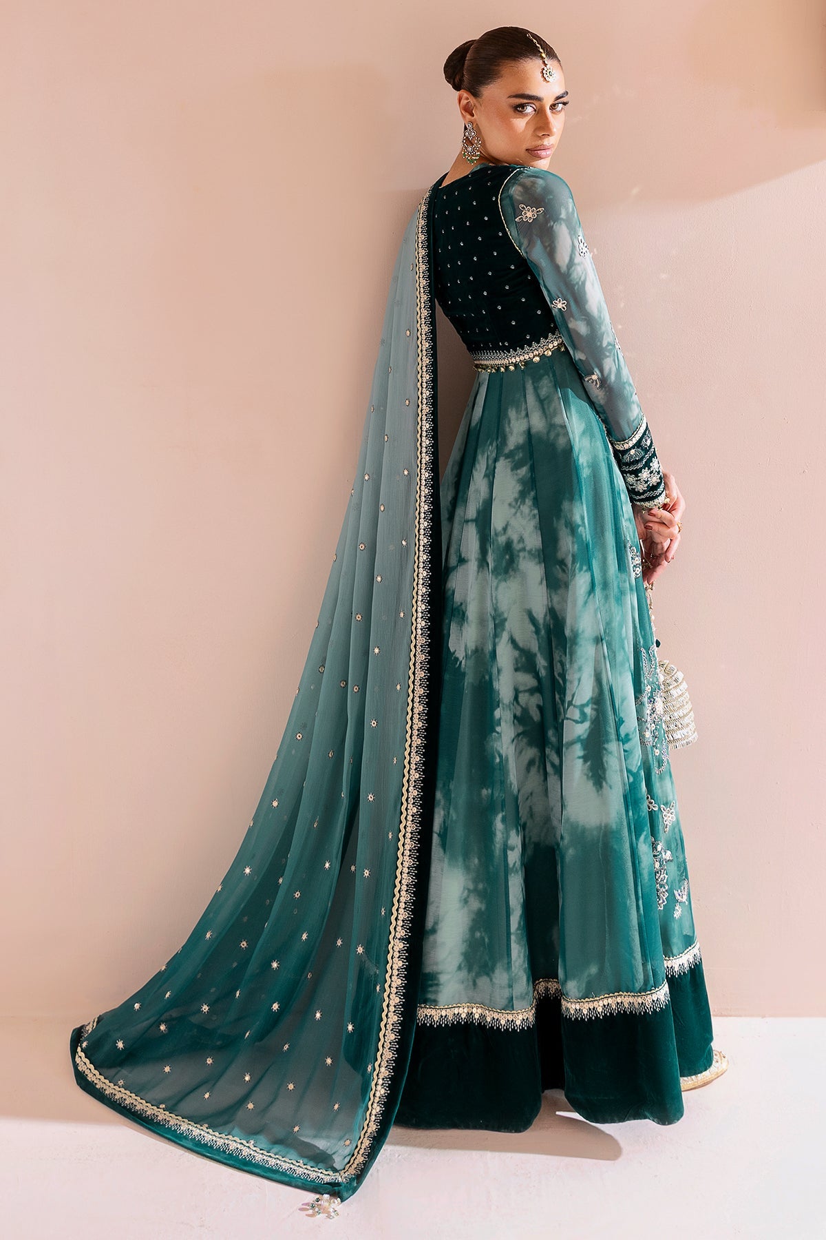 Women Wearing Embroidered Velvet Formal CVF D-06 Aqua Long Frock for Wedding Events - Pakistani Designer Wear for Women in UK | Kifat