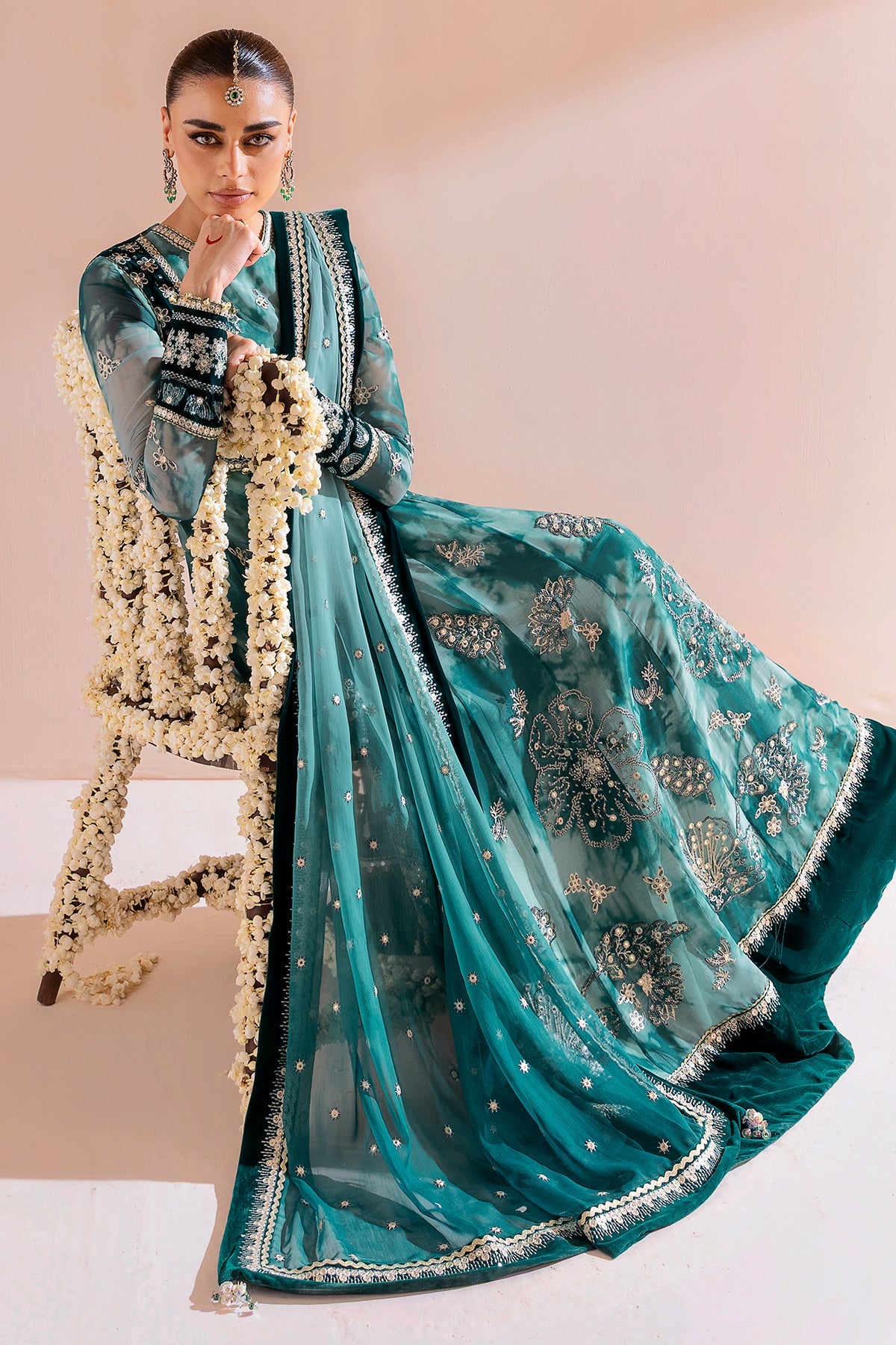 Women Wearing Embroidered Velvet Formal CVF D-06 Aqua Long Frock for Wedding Events - Pakistani Designer Wear for Women in UK | Kifat