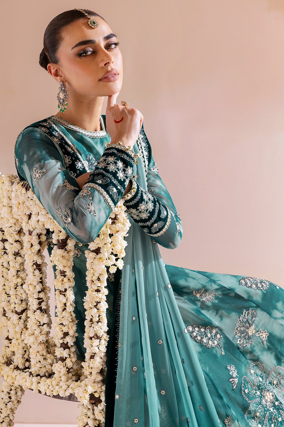 Women Wearing Embroidered Velvet Formal CVF D-06 Aqua Long Frock for Wedding Events - Pakistani Designer Wear for Women in UK | Kifat