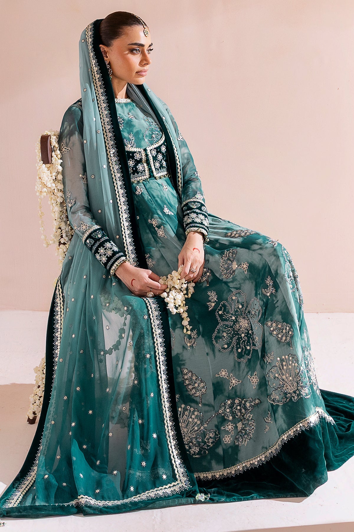 Women Wearing Embroidered Velvet Formal CVF D-06 Aqua Long Frock for Wedding Events - Pakistani Designer Wear for Women in UK | Kifat