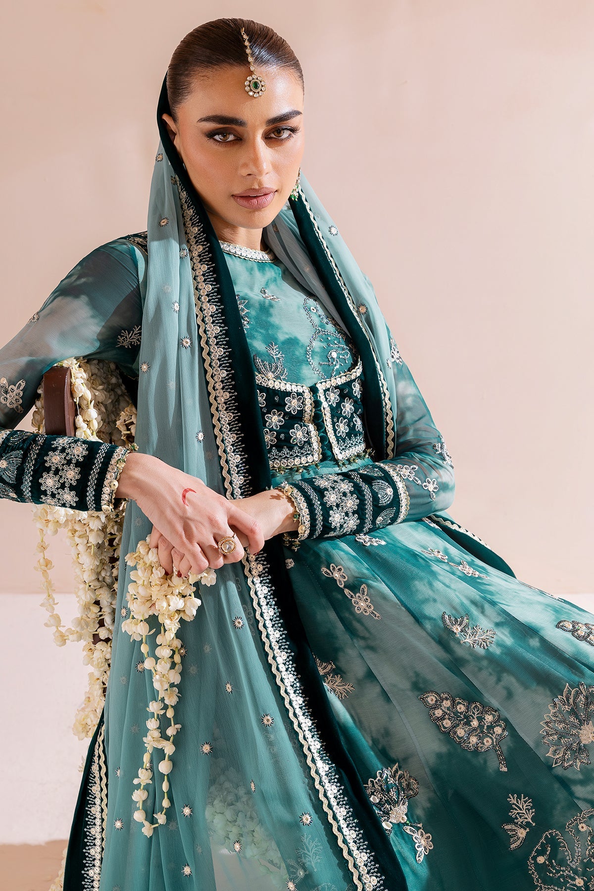 Women Wearing Embroidered Velvet Formal CVF D-06 Aqua Long Frock for Wedding Events - Pakistani Designer Wear for Women in UK | Kifat