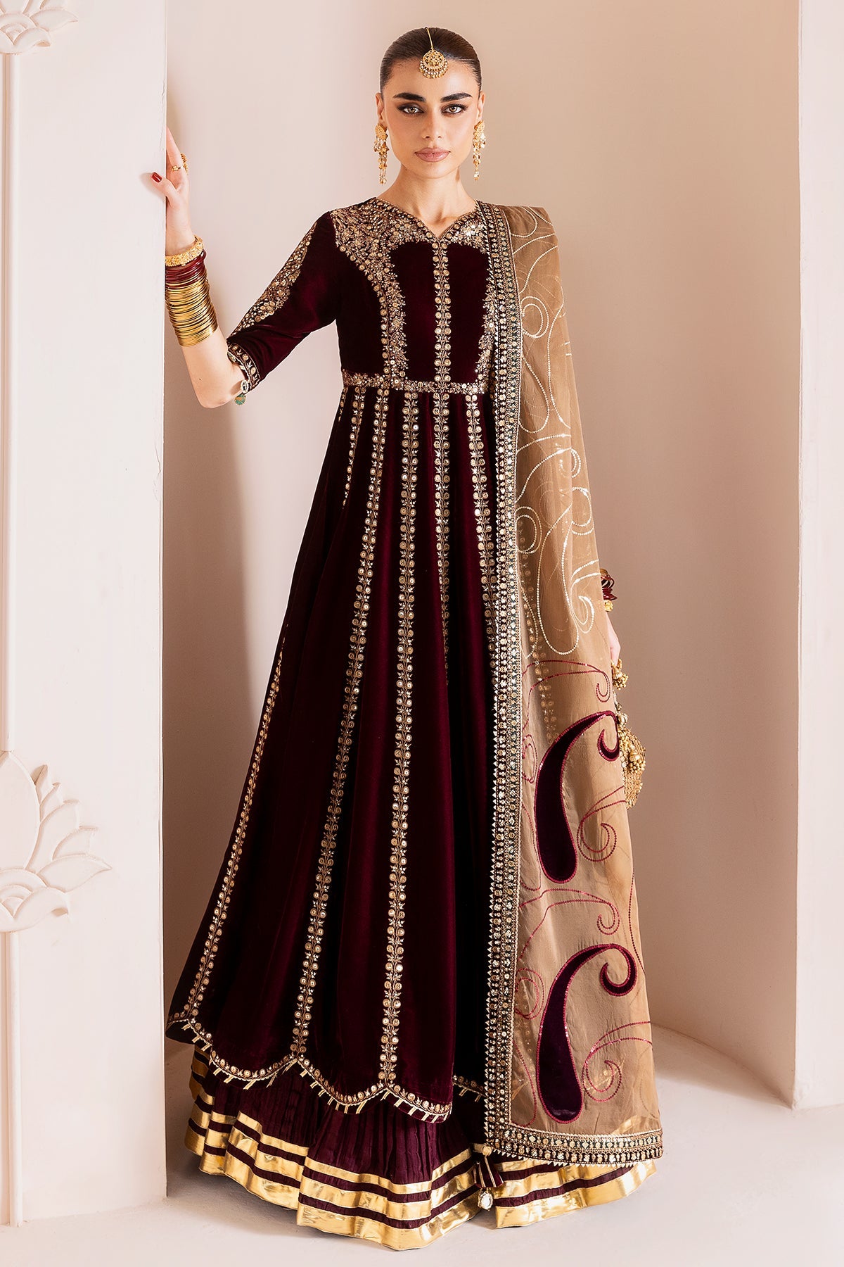 Women Wearing Embroidered Velvet Formal CVF D-12 Meroon Long Frock for Wedding Events - Pakistani Designer Wear for Women in UK | Kifat