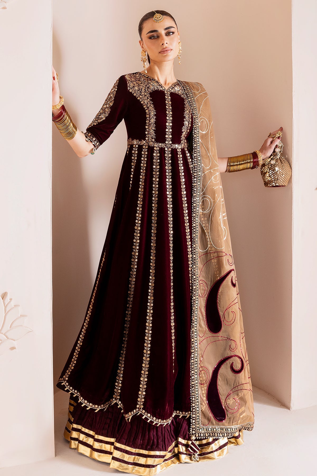 Women Wearing Embroidered Velvet Formal CVF D-12 Meroon Long Frock for Wedding Events - Pakistani Designer Wear for Women in UK | Kifat