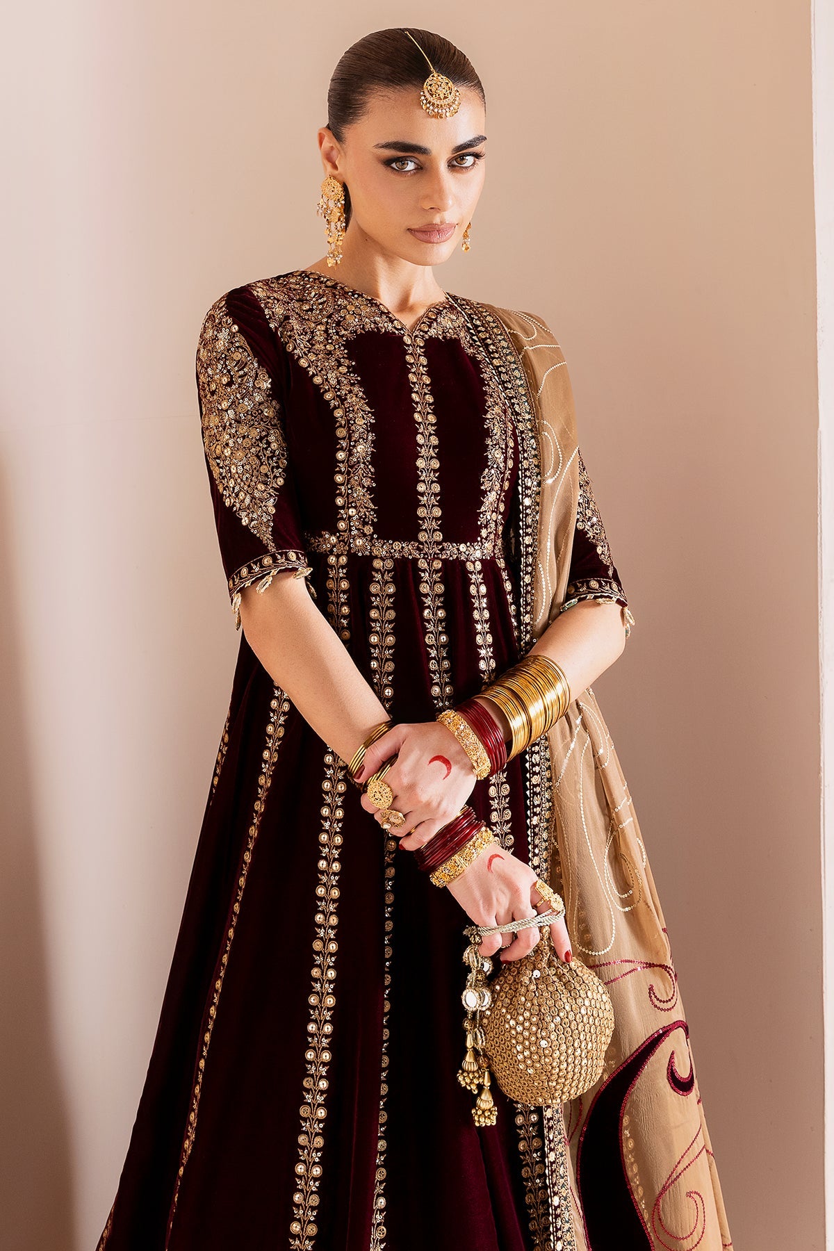 Women Wearing Embroidered Velvet Formal CVF D-12 Meroon Long Frock for Wedding Events - Pakistani Designer Wear for Women in UK | Kifat