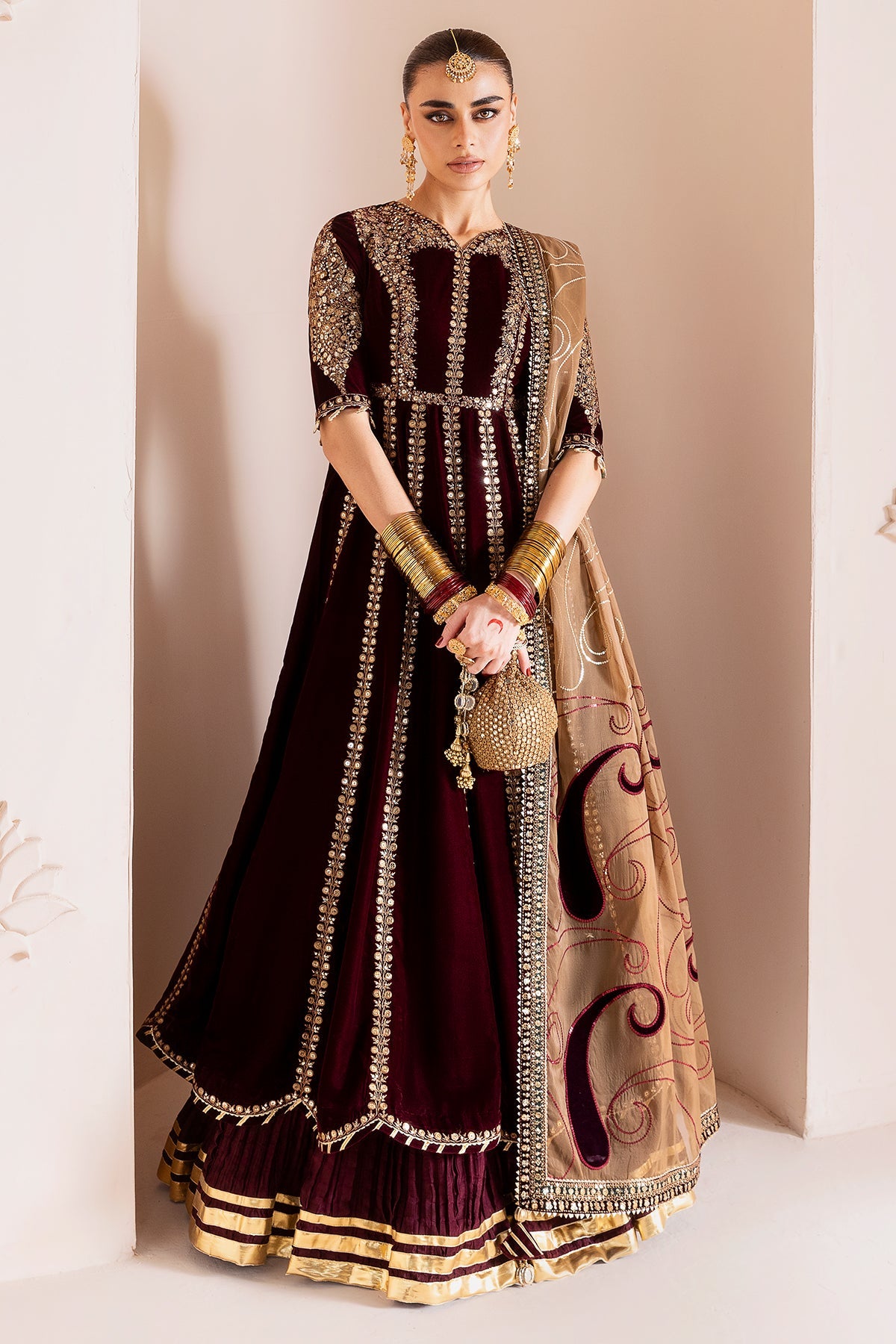 Women Wearing Embroidered Velvet Formal CVF D-12 Meroon Long Frock for Wedding Events - Pakistani Designer Wear for Women in UK | Kifat