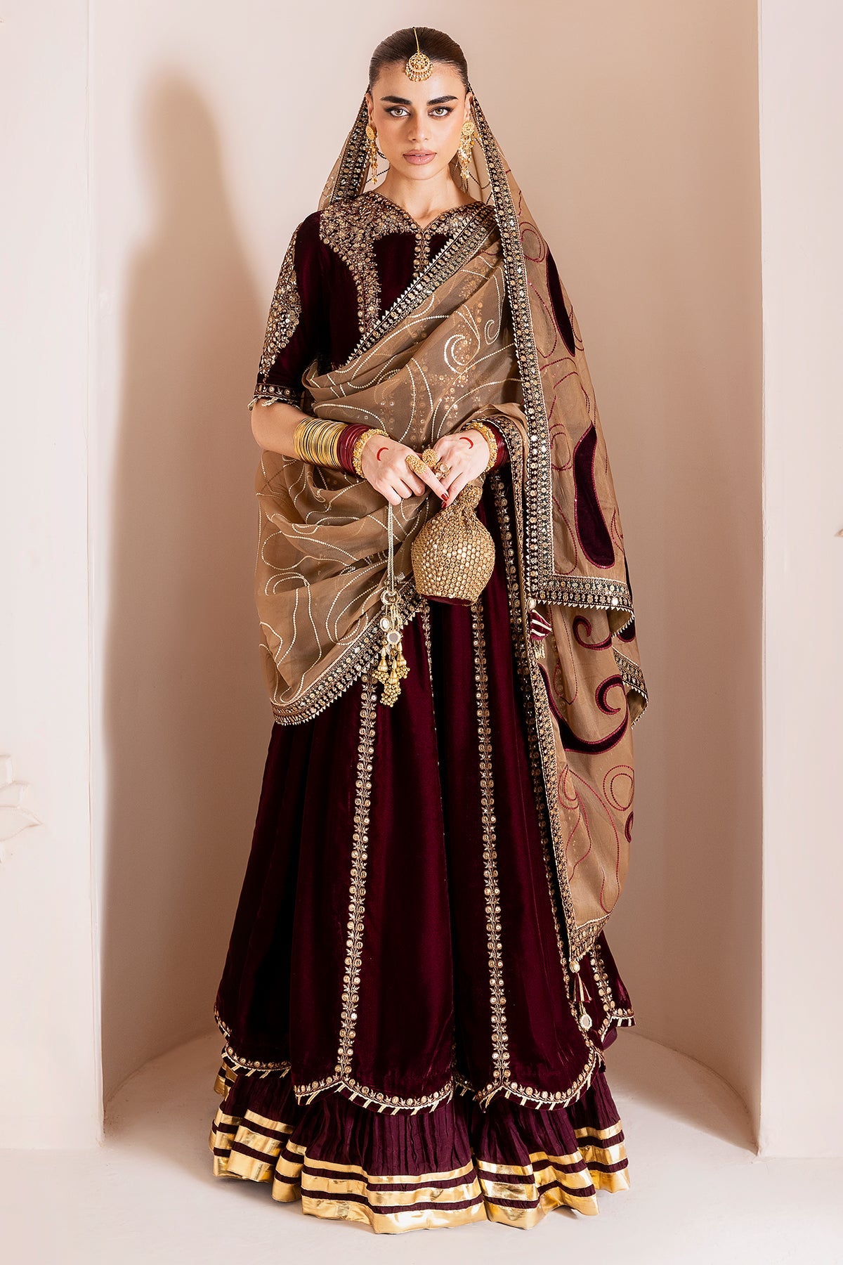Women Wearing Embroidered Velvet Formal CVF D-12 Meroon Long Frock for Wedding Events - Pakistani Designer Wear for Women in UK | Kifat