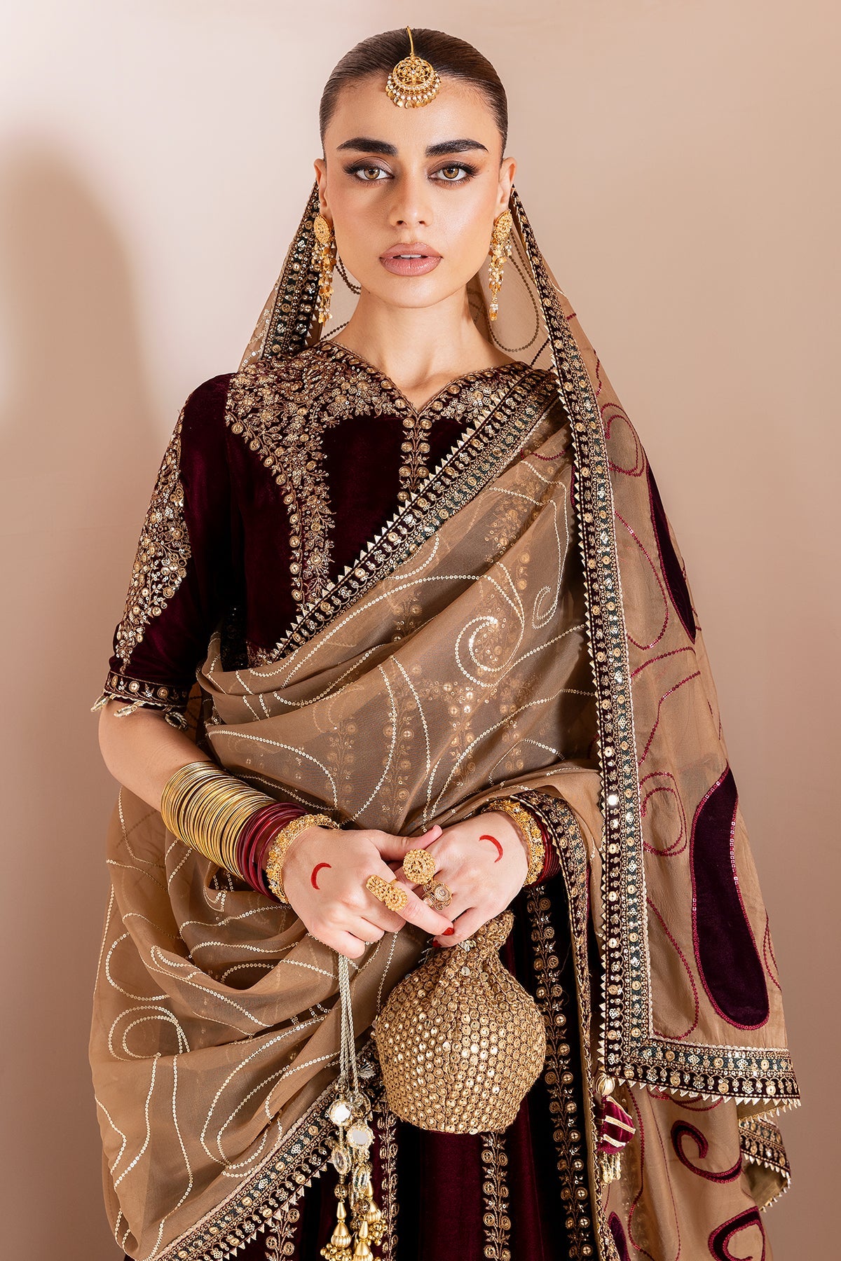 Women Wearing Embroidered Velvet Formal CVF D-12 Meroon Long Frock for Wedding Events - Pakistani Designer Wear for Women in UK | Kifat