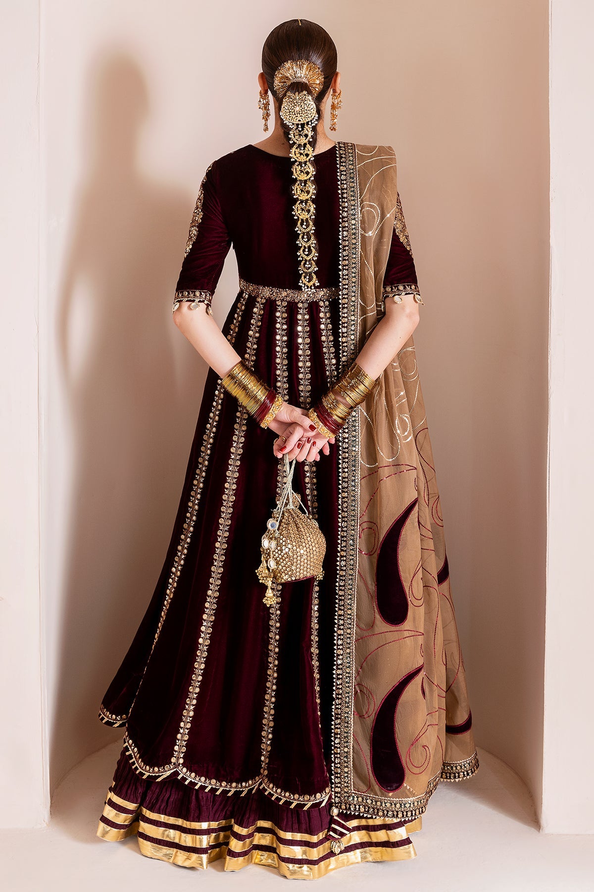 Women Wearing Embroidered Velvet Formal CVF D-12 Meroon Long Frock for Wedding Events - Pakistani Designer Wear for Women in UK | Kifat