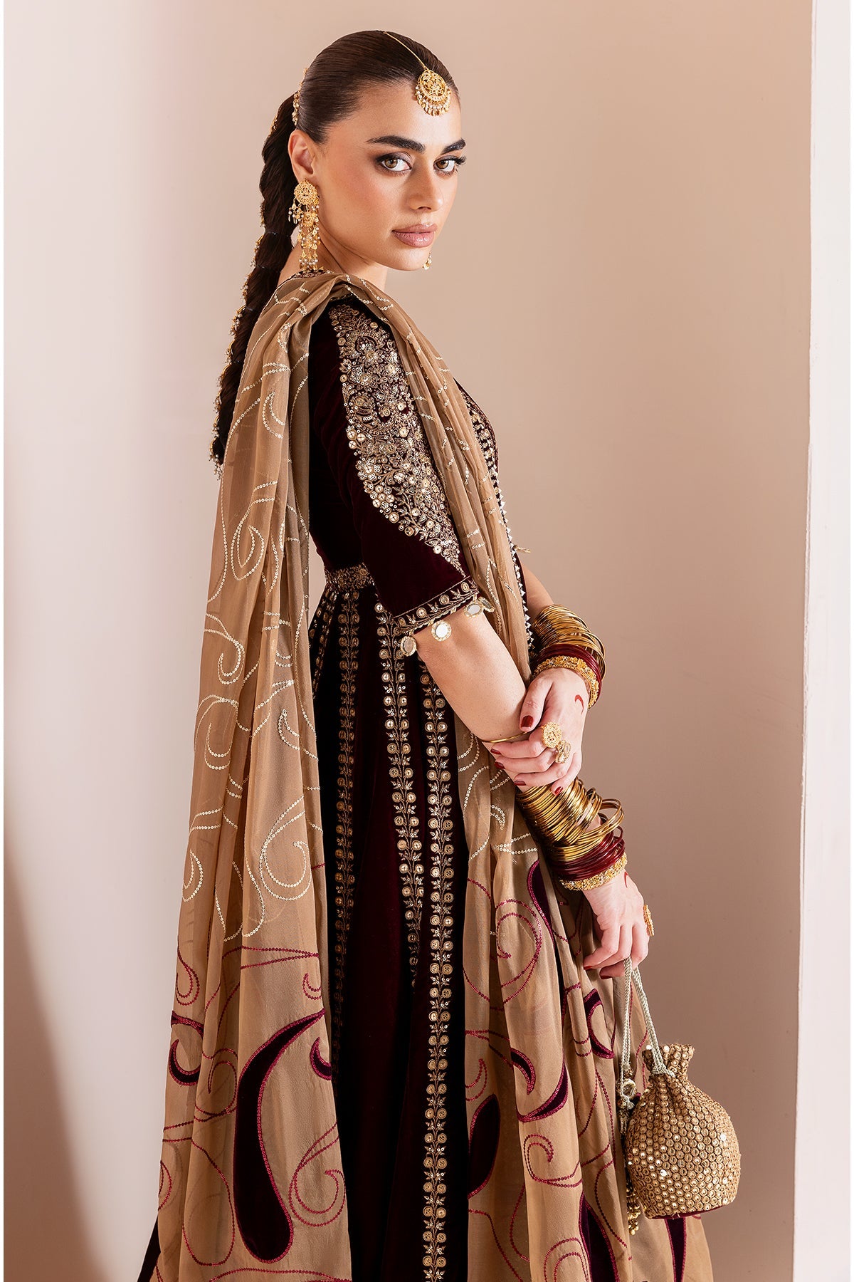 Women Wearing Embroidered Velvet Formal CVF D-12 Meroon Long Frock for Wedding Events - Pakistani Designer Wear for Women in UK | Kifat