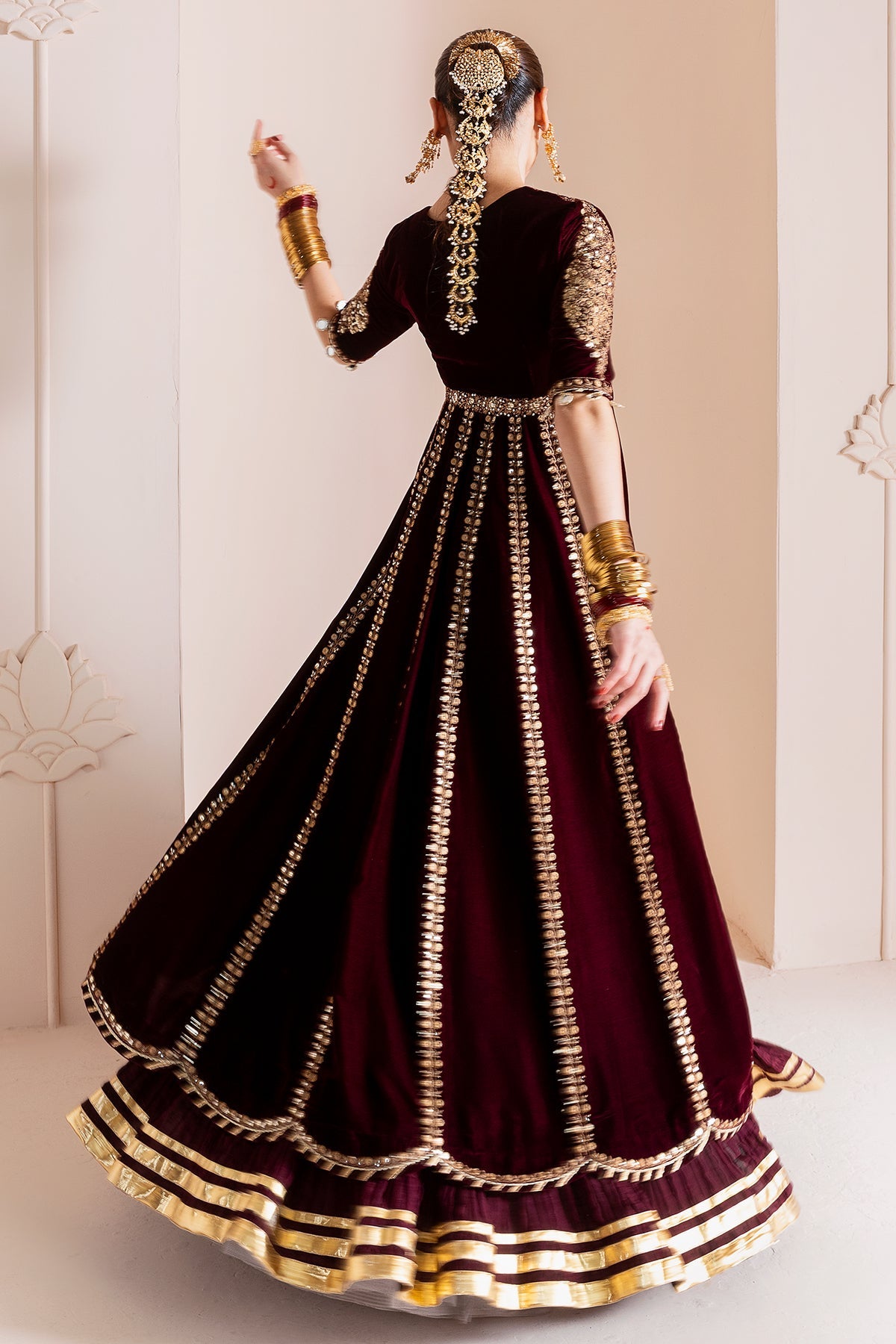 Women Wearing Embroidered Velvet Formal CVF D-12 Meroon Long Frock for Wedding Events - Pakistani Designer Wear for Women in UK | Kifat