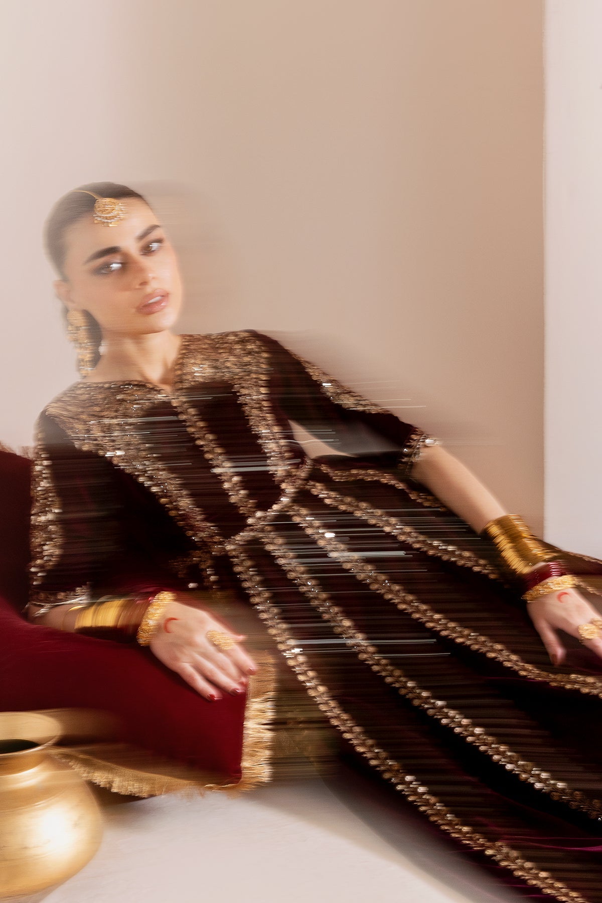 Women Wearing Embroidered Velvet Formal CVF D-12 Meroon Long Frock for Wedding Events - Pakistani Designer Wear for Women in UK | Kifat