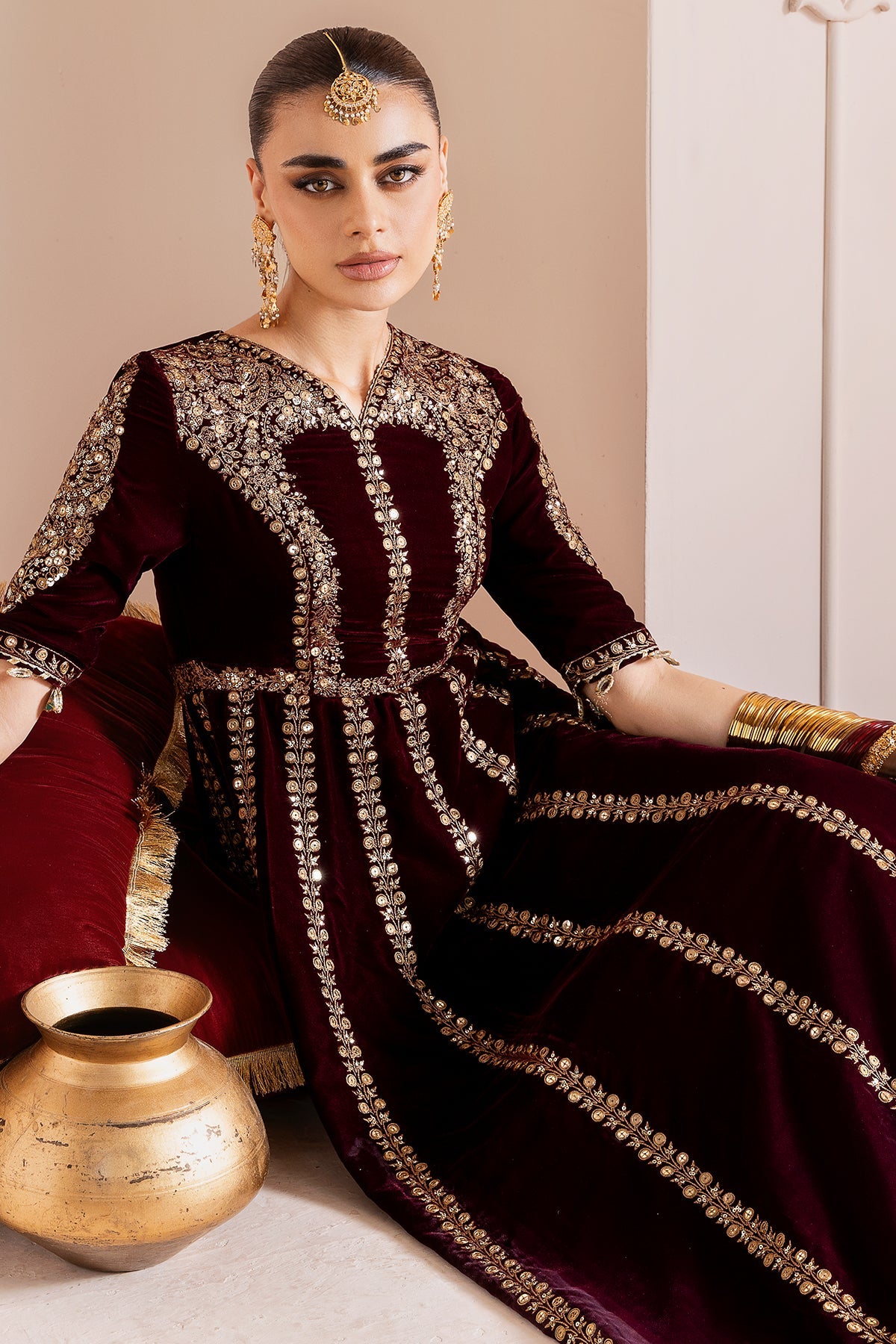 Women Wearing Embroidered Velvet Formal CVF D-12 Meroon Long Frock for Wedding Events - Pakistani Designer Wear for Women in UK | Kifat
