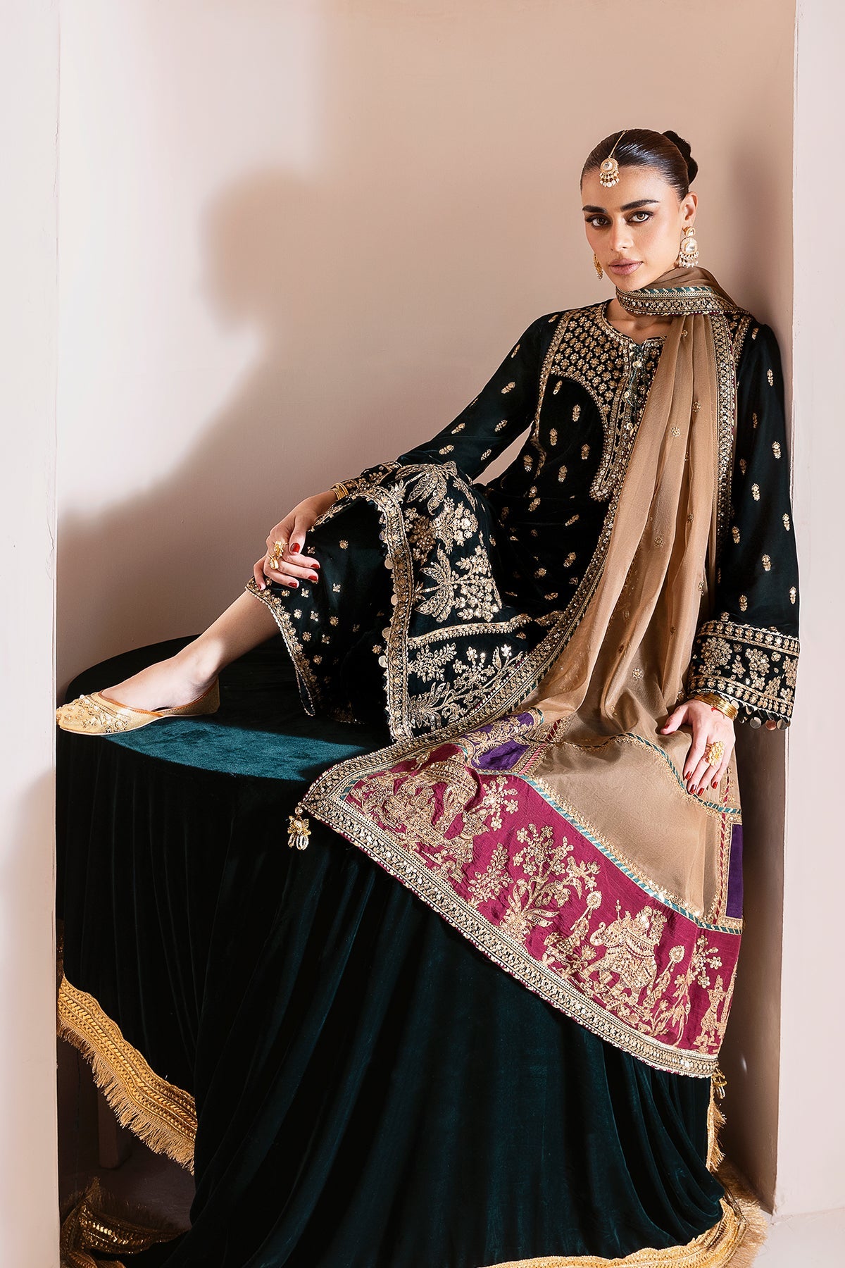 Women Wearing Embroidered Velvet Formal CVF D-01 Green Long Shirt for Wedding Events - Pakistani Designer Wear for Women in UK | Kifat