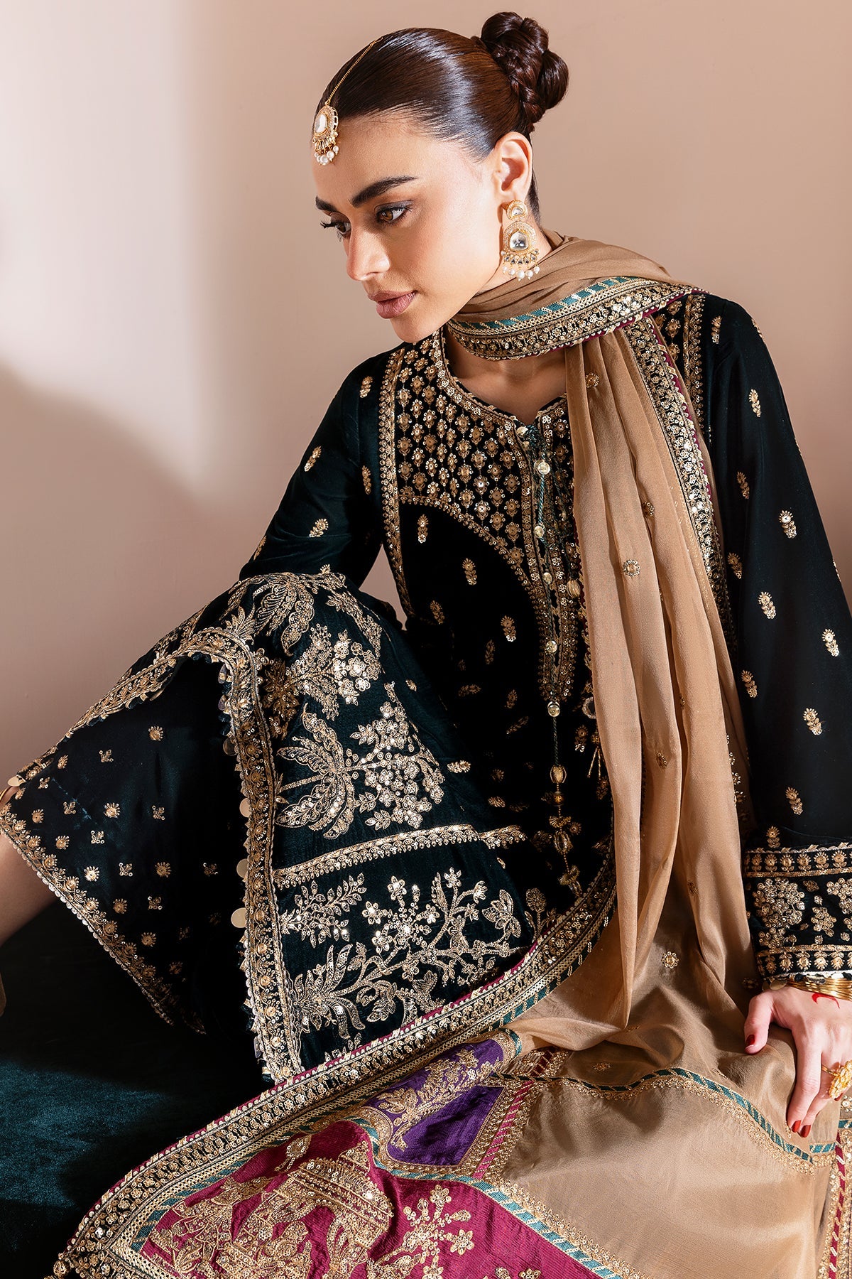 Women Wearing Embroidered Velvet Formal CVF D-01 Green Long Shirt for Wedding Events - Pakistani Designer Wear for Women in UK | Kifat