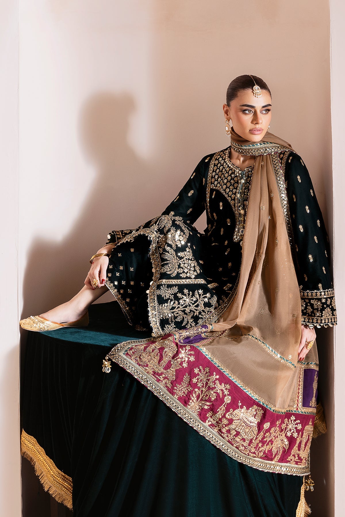 Women Wearing Embroidered Velvet Formal CVF D-01 Green Long Shirt for Wedding Events - Pakistani Designer Wear for Women in UK | Kifat