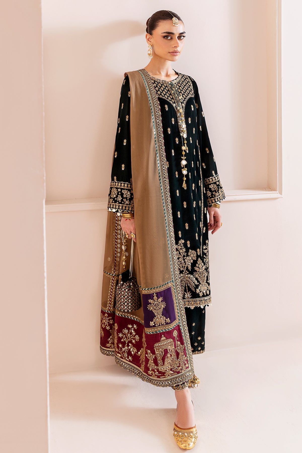 Women Wearing Embroidered Velvet Formal CVF D-01 Green Long Shirt for Wedding Events - Pakistani Designer Wear for Women in UK | Kifat