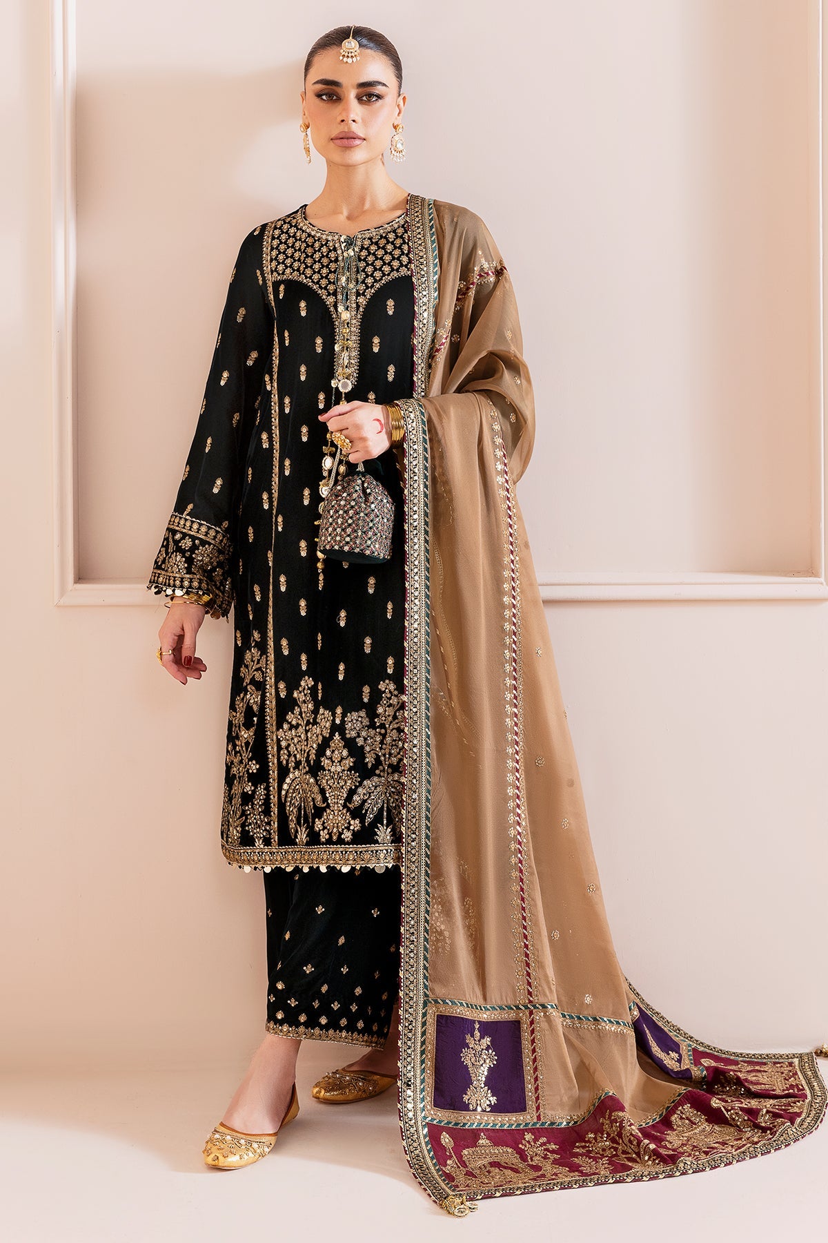 Women Wearing Embroidered Velvet Formal CVF D-01 Green Long Shirt for Wedding Events - Pakistani Designer Wear for Women in UK | Kifat