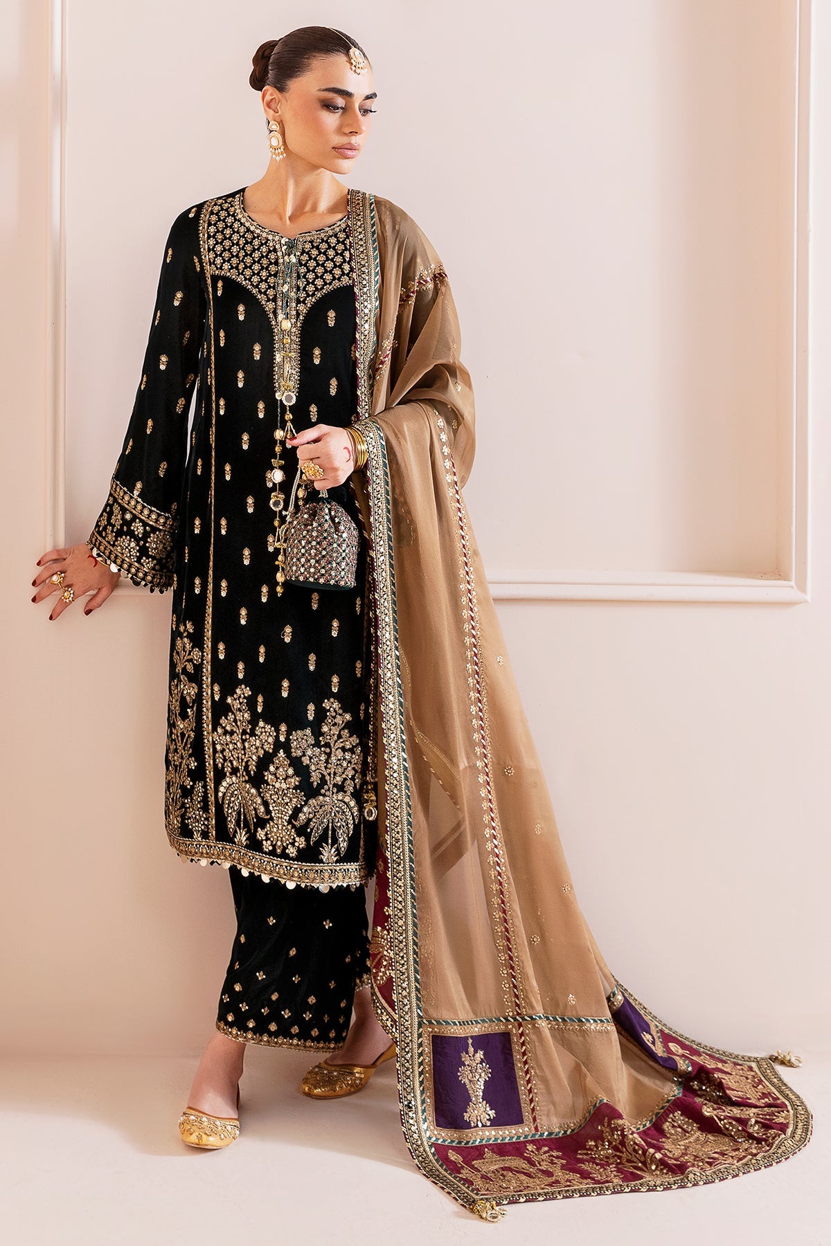 Women Wearing Embroidered Velvet Formal CVF D-01 Green Long Shirt for Wedding Events - Pakistani Designer Wear for Women in UK | Kifat