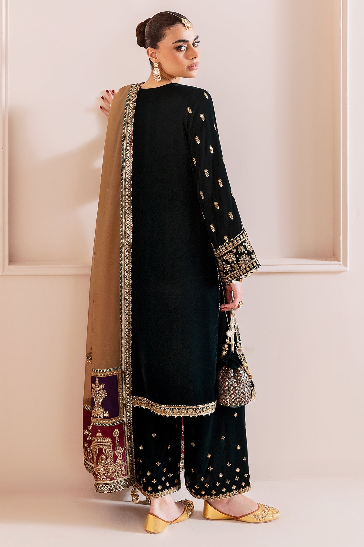 Women Wearing Embroidered Velvet Formal CVF D-01 Green Long Shirt for Wedding Events - Pakistani Designer Wear for Women in UK | Kifat