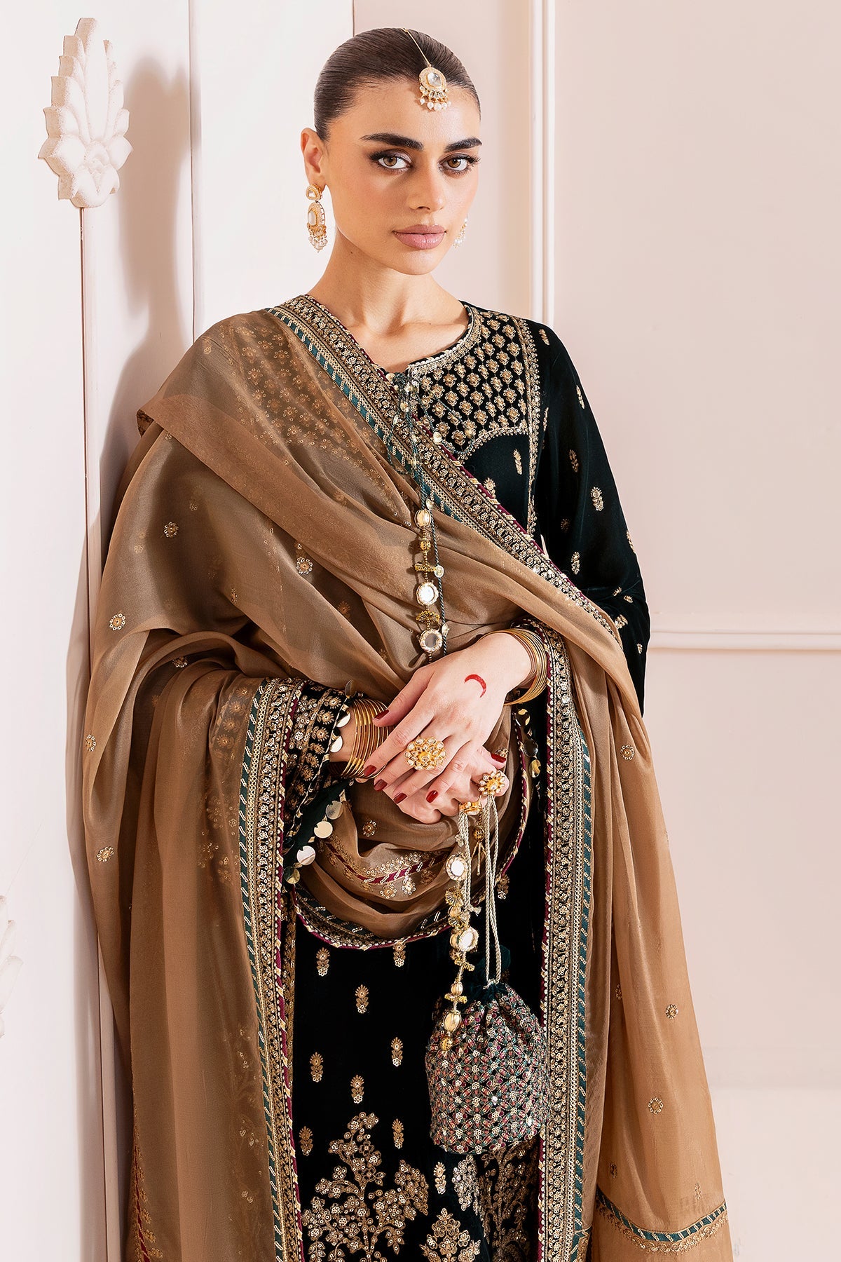 Women Wearing Embroidered Velvet Formal CVF D-01 Green Long Shirt for Wedding Events - Pakistani Designer Wear for Women in UK | Kifat