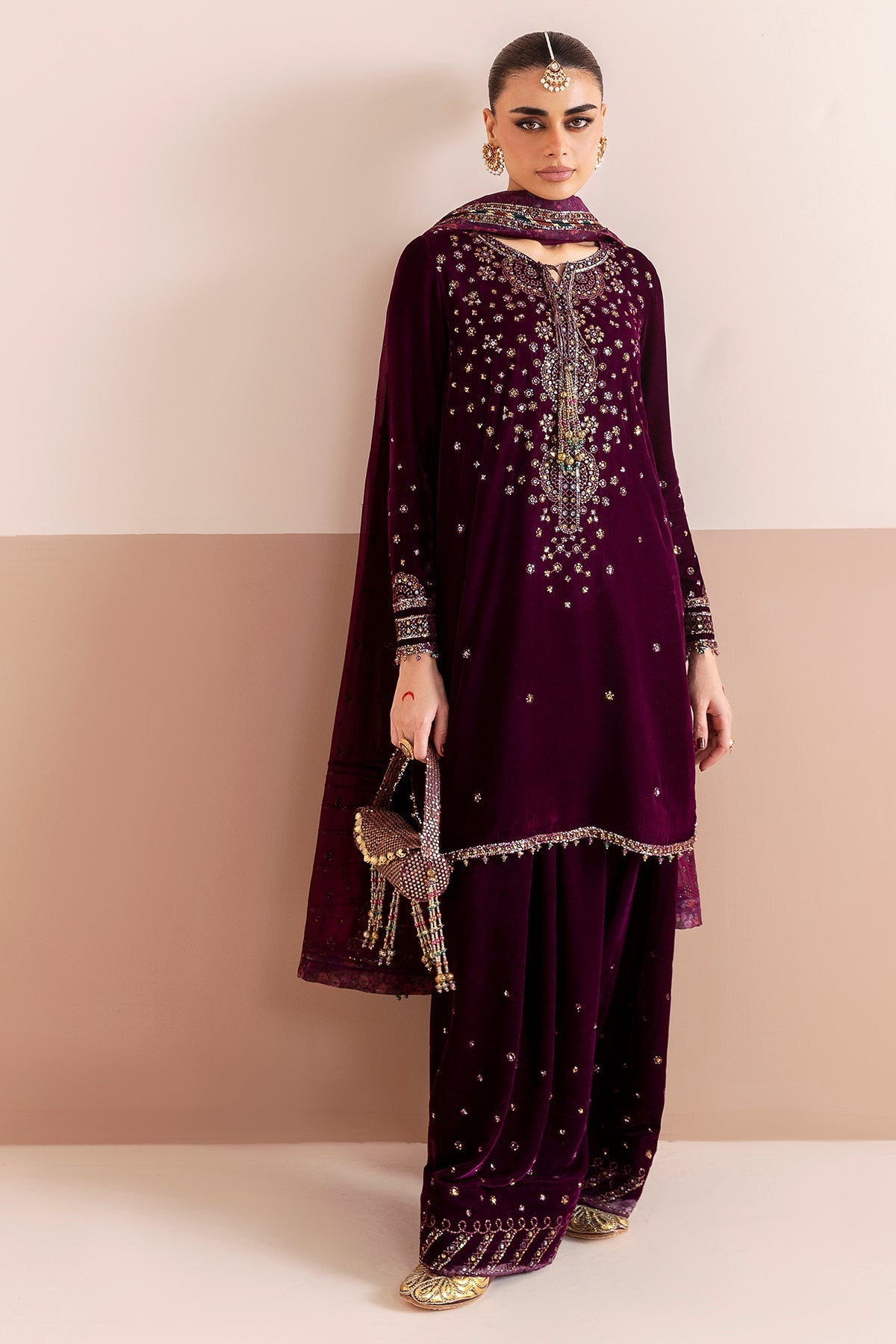 Women Wearing Embroidered Velvet Formal CVF D-05 Purple Short shirt with Shalwar for Wedding Events - Pakistani Designer Wear for Women in UK | Kifat