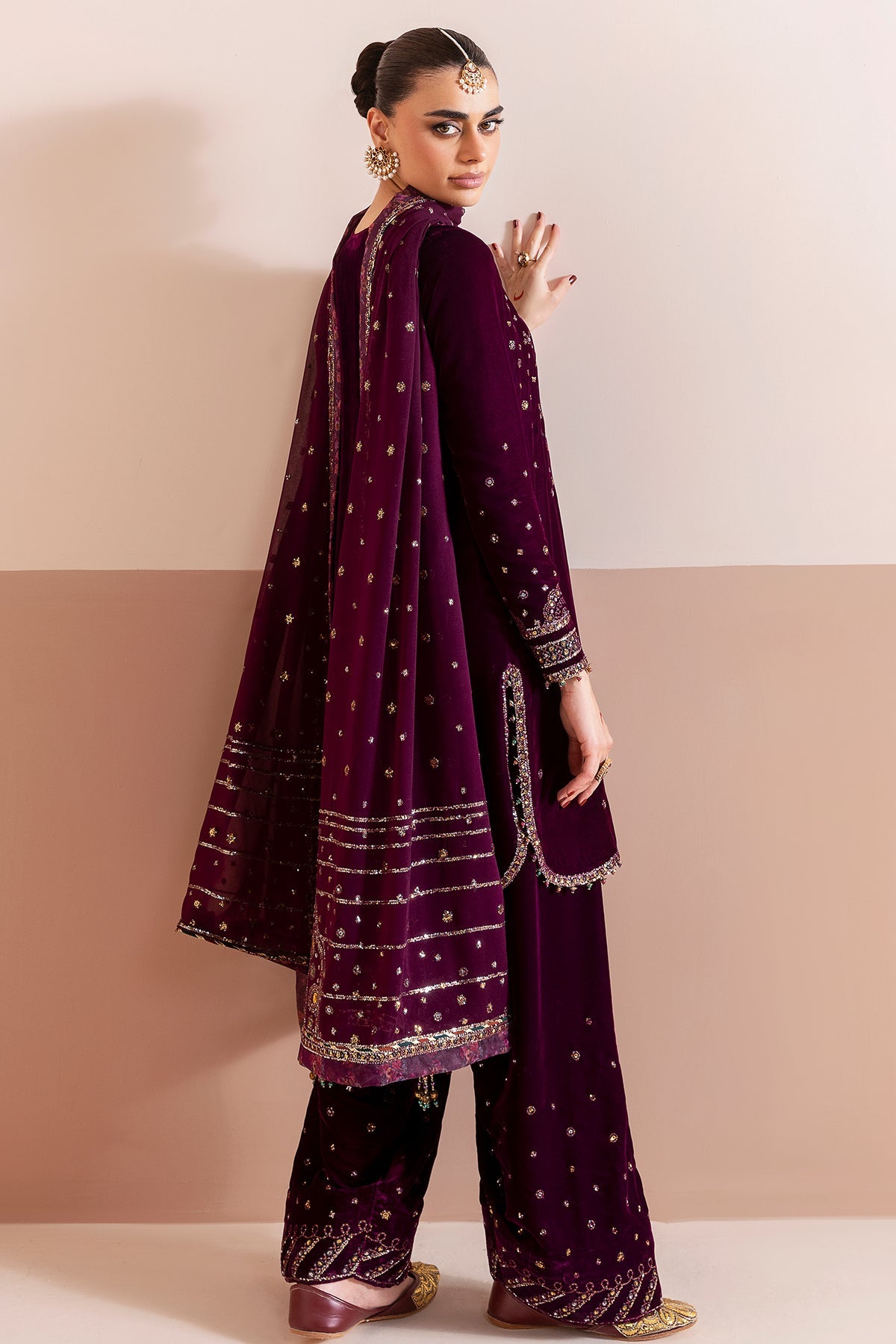 Women Wearing Embroidered Velvet Formal CVF D-05 Purple Short shirt with Shalwar for Wedding Events - Pakistani Designer Wear for Women in UK | Kifat