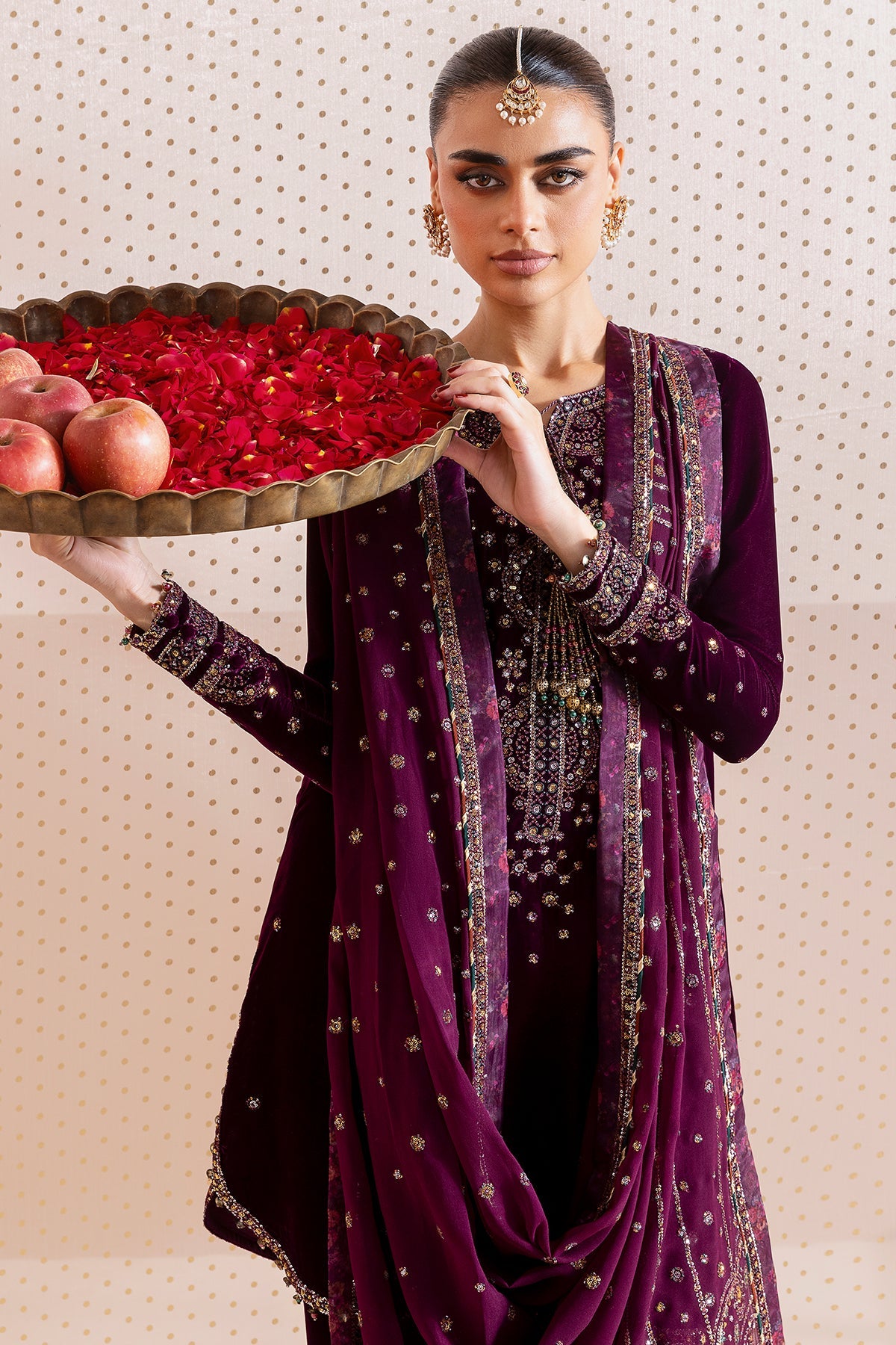 Women Wearing Embroidered Velvet Formal CVF D-05 Purple Short shirt with Shalwar for Wedding Events - Pakistani Designer Wear for Women in UK | Kifat