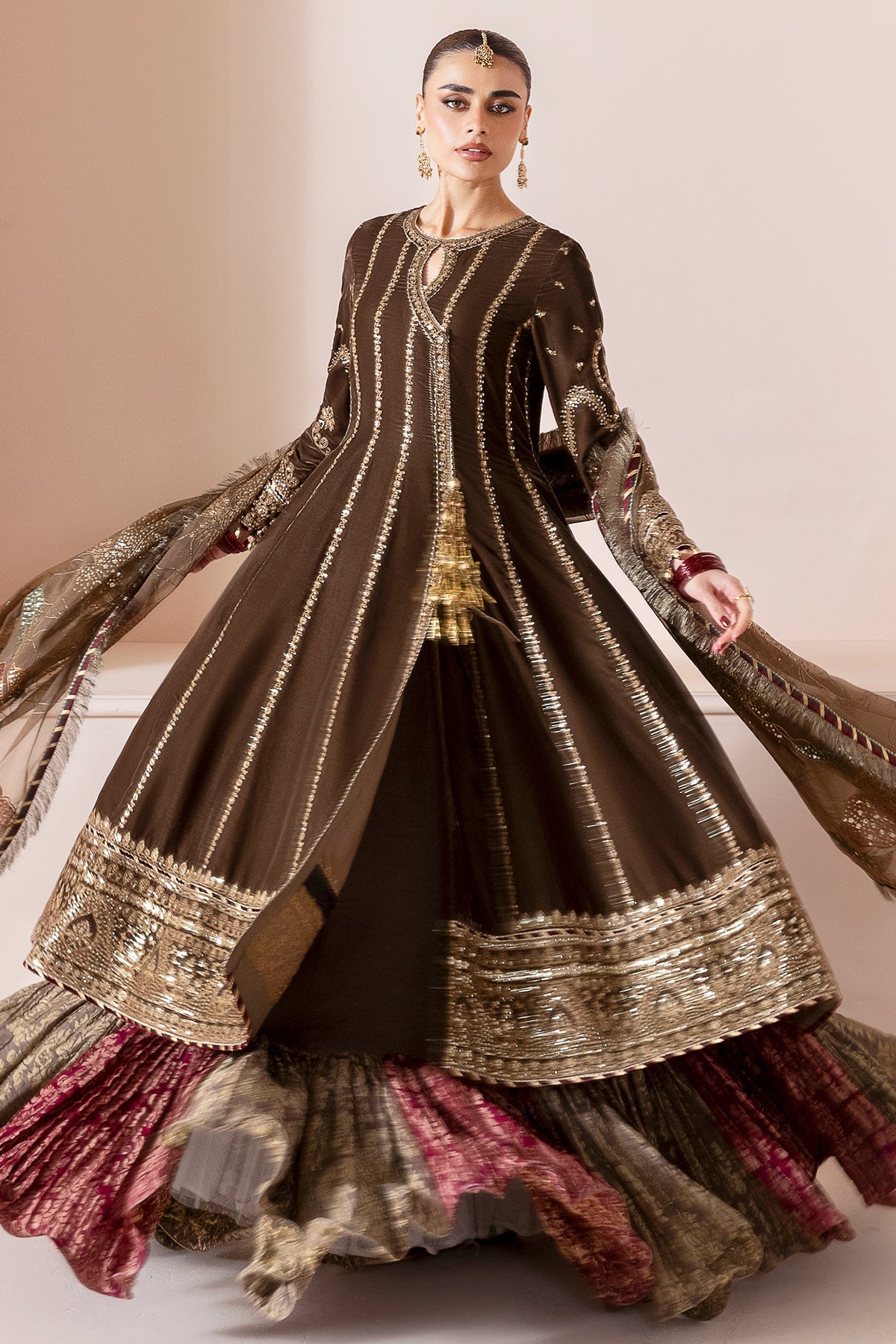 Women Wearing Embroidered Velvet Formal CVF D-04 Mehndi Long Frock with Sharara for Wedding Events - Pakistani Designer Wear for Women in UK | Kifat