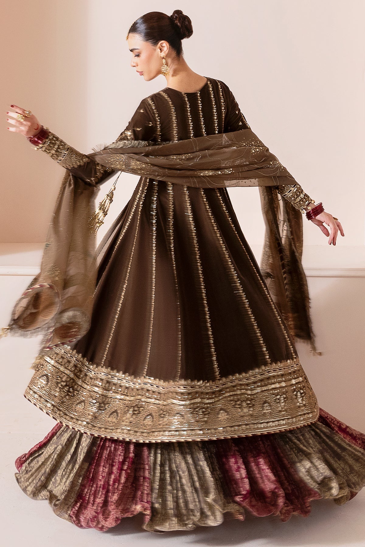 Women Wearing Embroidered Velvet Formal CVF D-04 Mehndi Long Frock with Sharara for Wedding Events - Pakistani Designer Wear for Women in UK | Kifat