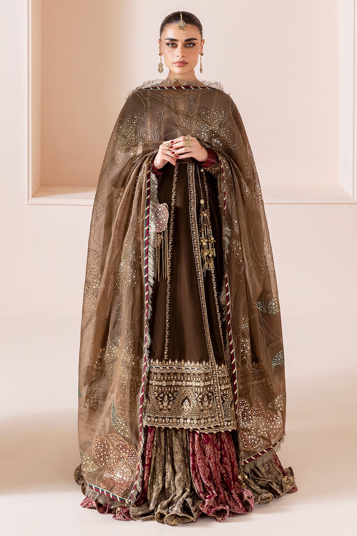 Women Wearing Embroidered Velvet Formal CVF D-04 Mehndi Long Frock with Sharara for Wedding Events - Pakistani Designer Wear for Women in UK | Kifat