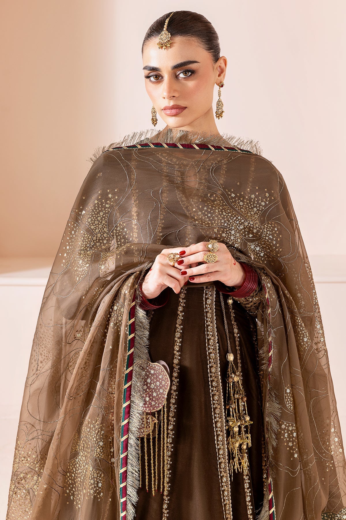 Women Wearing Embroidered Velvet Formal CVF D-04 Mehndi Long Frock with Sharara for Wedding Events - Pakistani Designer Wear for Women in UK | Kifat