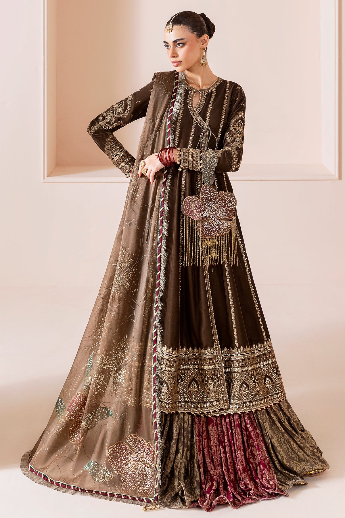 Women Wearing Embroidered Velvet Formal CVF D-04 Mehndi Long Frock with Sharara for Wedding Events - Pakistani Designer Wear for Women in UK | Kifat