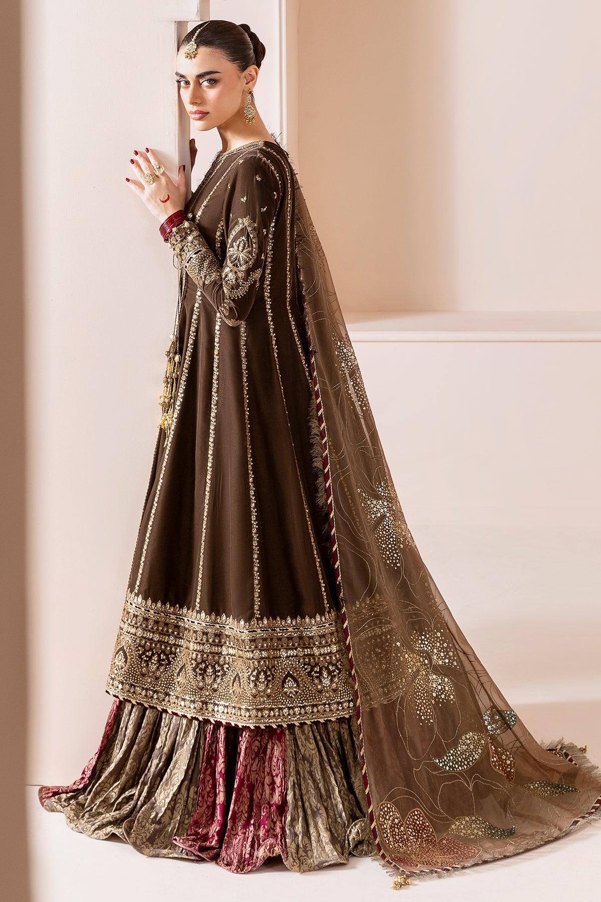 Women Wearing Embroidered Velvet Formal CVF D-04 Mehndi Long Frock with Sharara for Wedding Events - Pakistani Designer Wear for Women in UK | Kifat