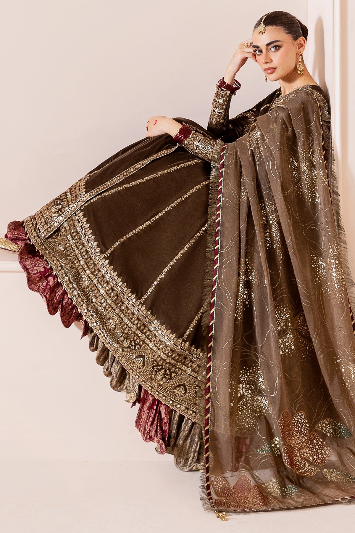 Women Wearing Embroidered Velvet Formal CVF D-04 Mehndi Long Frock with Sharara for Wedding Events - Pakistani Designer Wear for Women in UK | Kifat