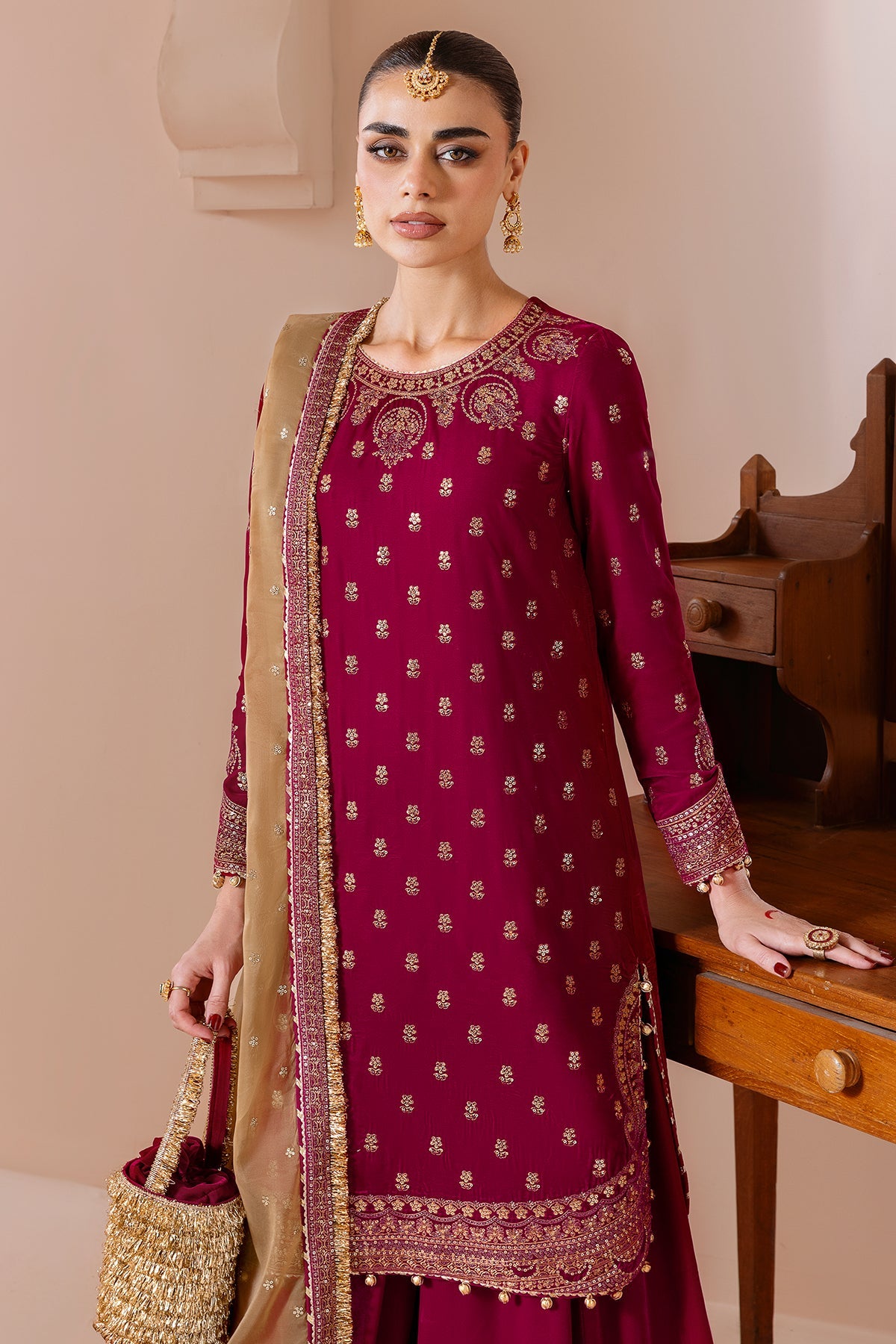 Women Wearing Embroidered Velvet Formal CVF D-11 Pink Shirt with Sharara for Wedding Events - Pakistani Designer Wear for Women in UK | Kifat