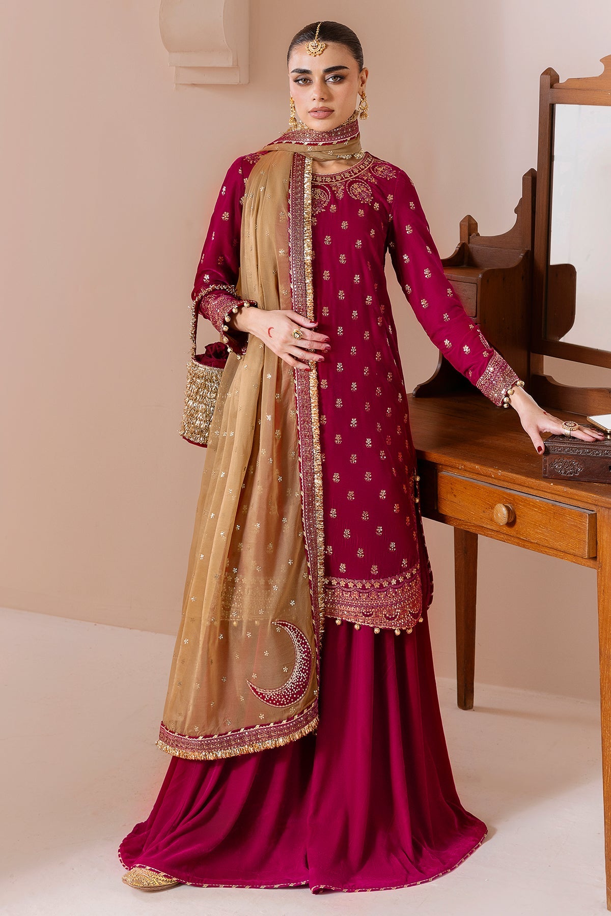 Women Wearing Embroidered Velvet Formal CVF D-11 Pink Shirt with Sharara for Wedding Events - Pakistani Designer Wear for Women in UK | Kifat