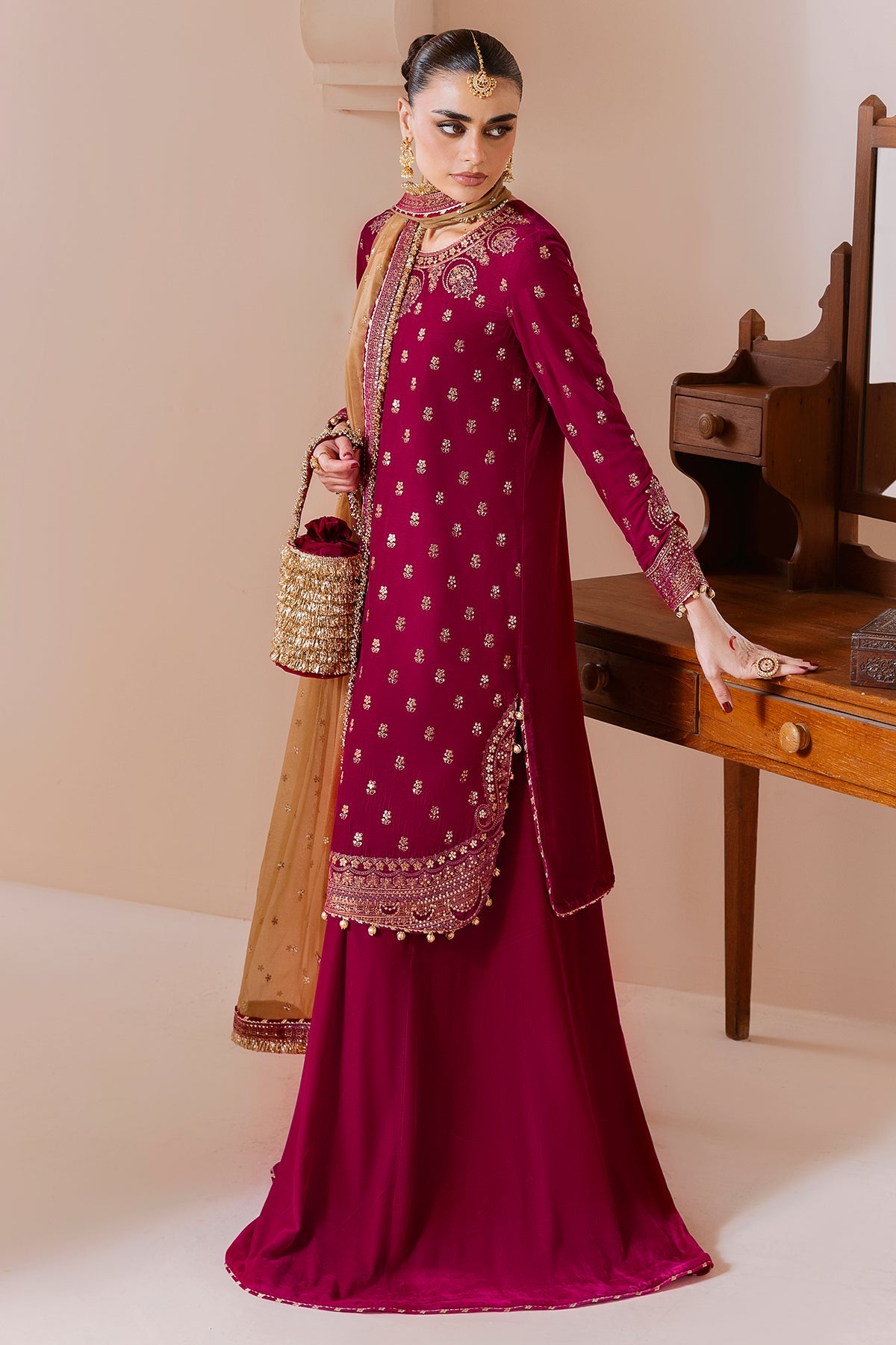 Women Wearing Embroidered Velvet Formal CVF D-11 Pink Shirt with Sharara for Wedding Events - Pakistani Designer Wear for Women in UK | Kifat