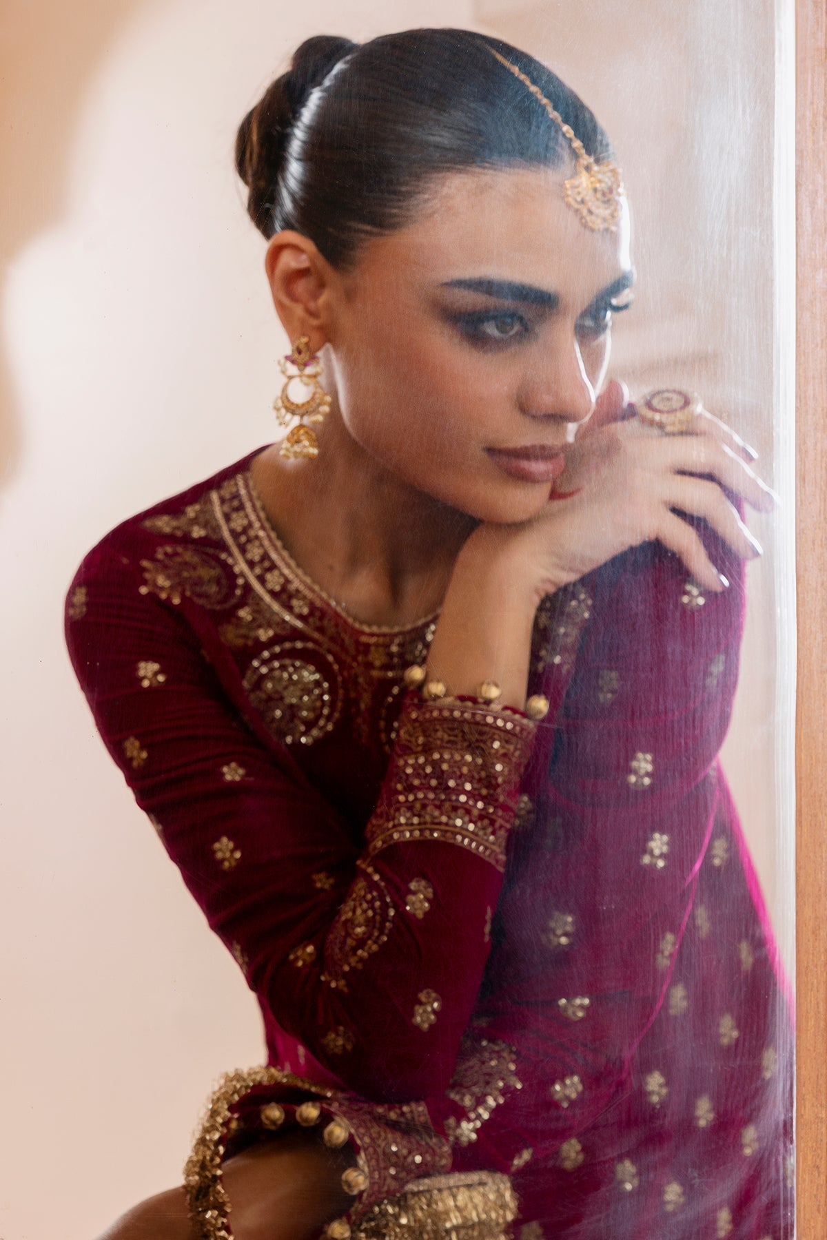 Women Wearing Embroidered Velvet Formal CVF D-11 Pink Shirt with Sharara for Wedding Events - Pakistani Designer Wear for Women in UK | Kifat