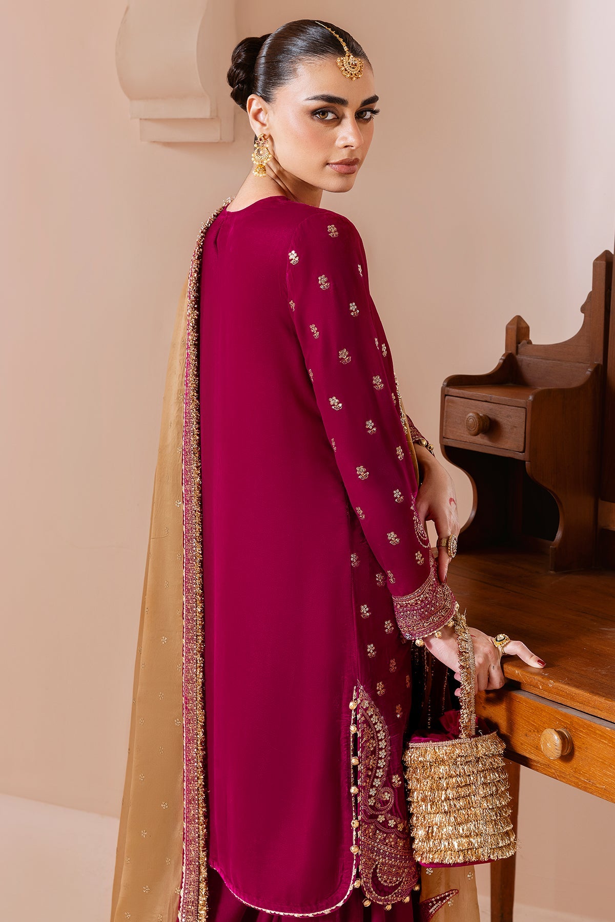 Women Wearing Embroidered Velvet Formal CVF D-11 Pink Shirt with Sharara for Wedding Events - Pakistani Designer Wear for Women in UK | Kifat