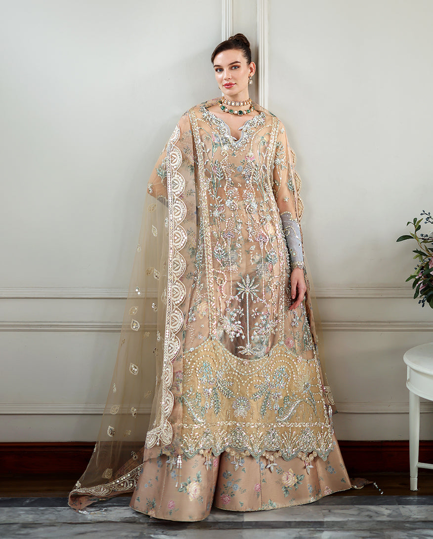 Women Wearing Calarissa Beige Long Shirt with Sharara for Wedding Events - Pakistani Designer Wear for Women in UK | Kifat