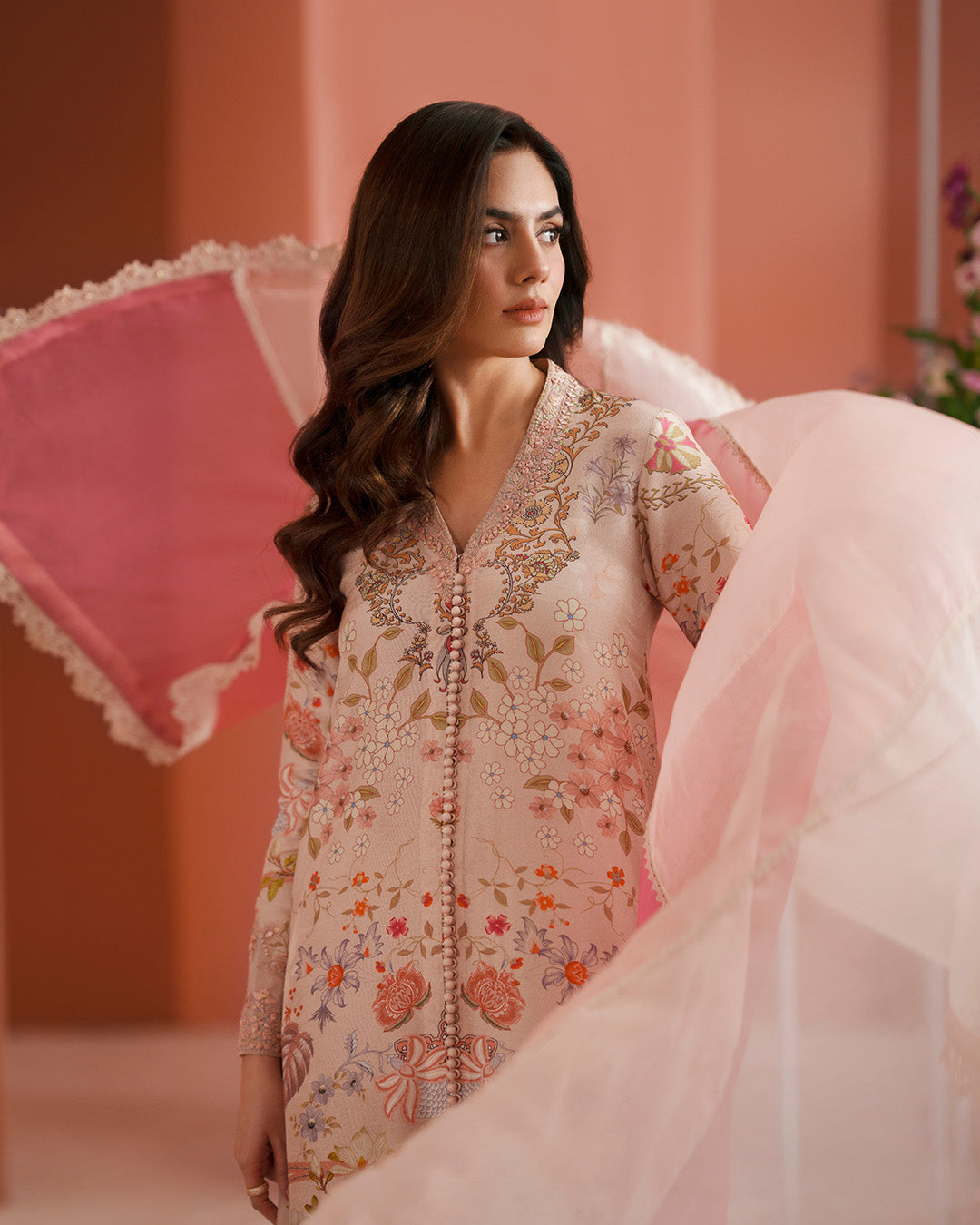 Women Wearing Nermin Nude Beige and Dusty Rose Shirt with Flared Pants for Luxury Events - Pakistani Designer Wear for Women in UK | Kifat
