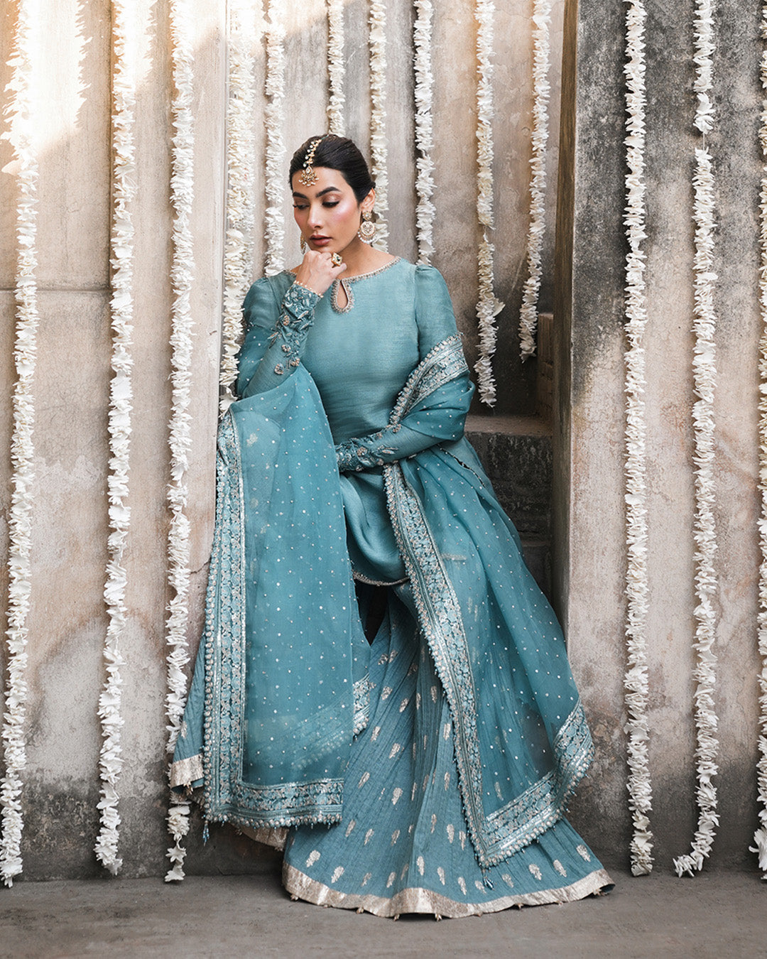 Model Wearing Faiza Saqlain Tisha Cadet Blue Shirt with Sharara for wedding wear - Pakistani Designer Wear for Women in UK | Kifat