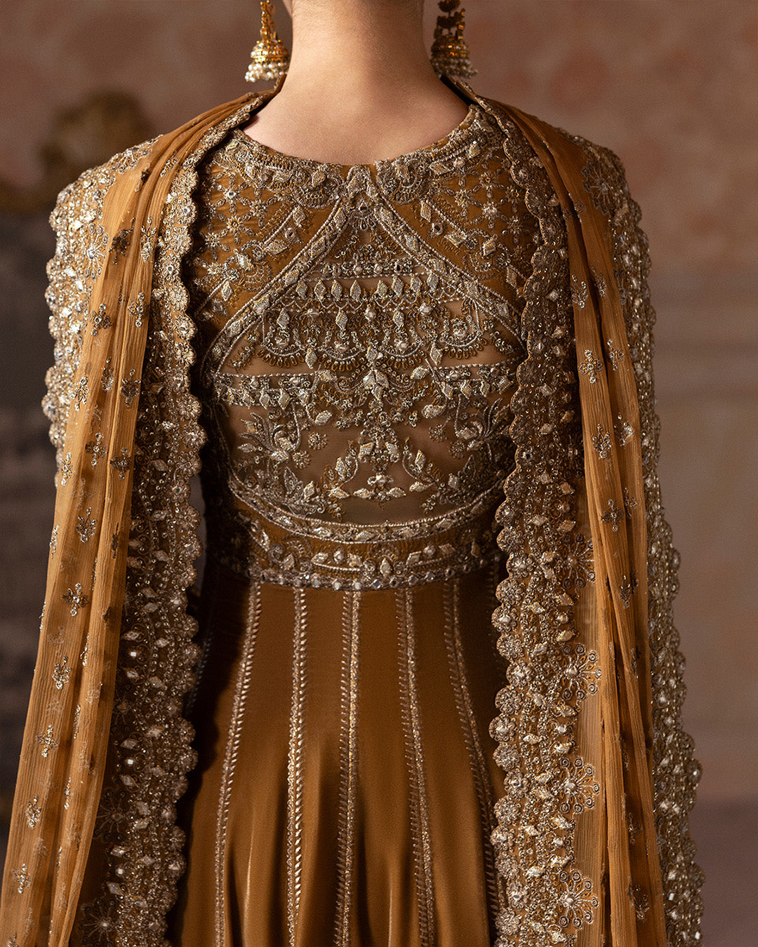 Model Wearing Faiza Saqlain Ermina Mustard Pishwas with Churidaar for wedding wear - Pakistani Designer Wear for Women in UK | Kifat