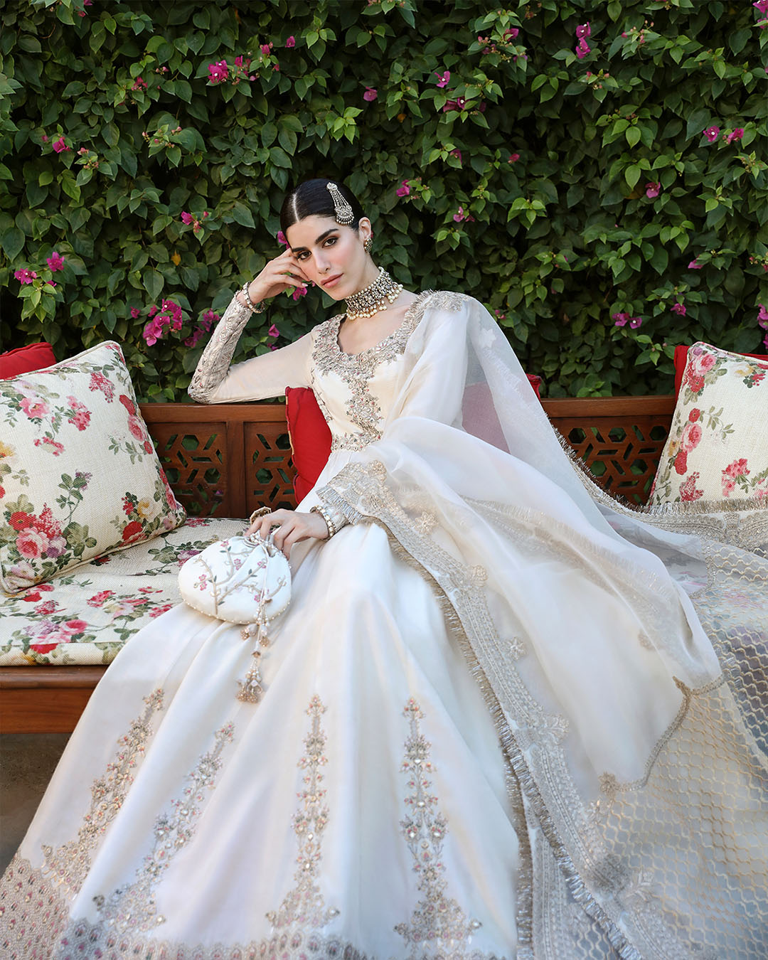 Model Wearing Faiza Saqlain Ailia Off-White Pishwas for wedding wear - Pakistani Designer Wear for Women in UK | Kifat