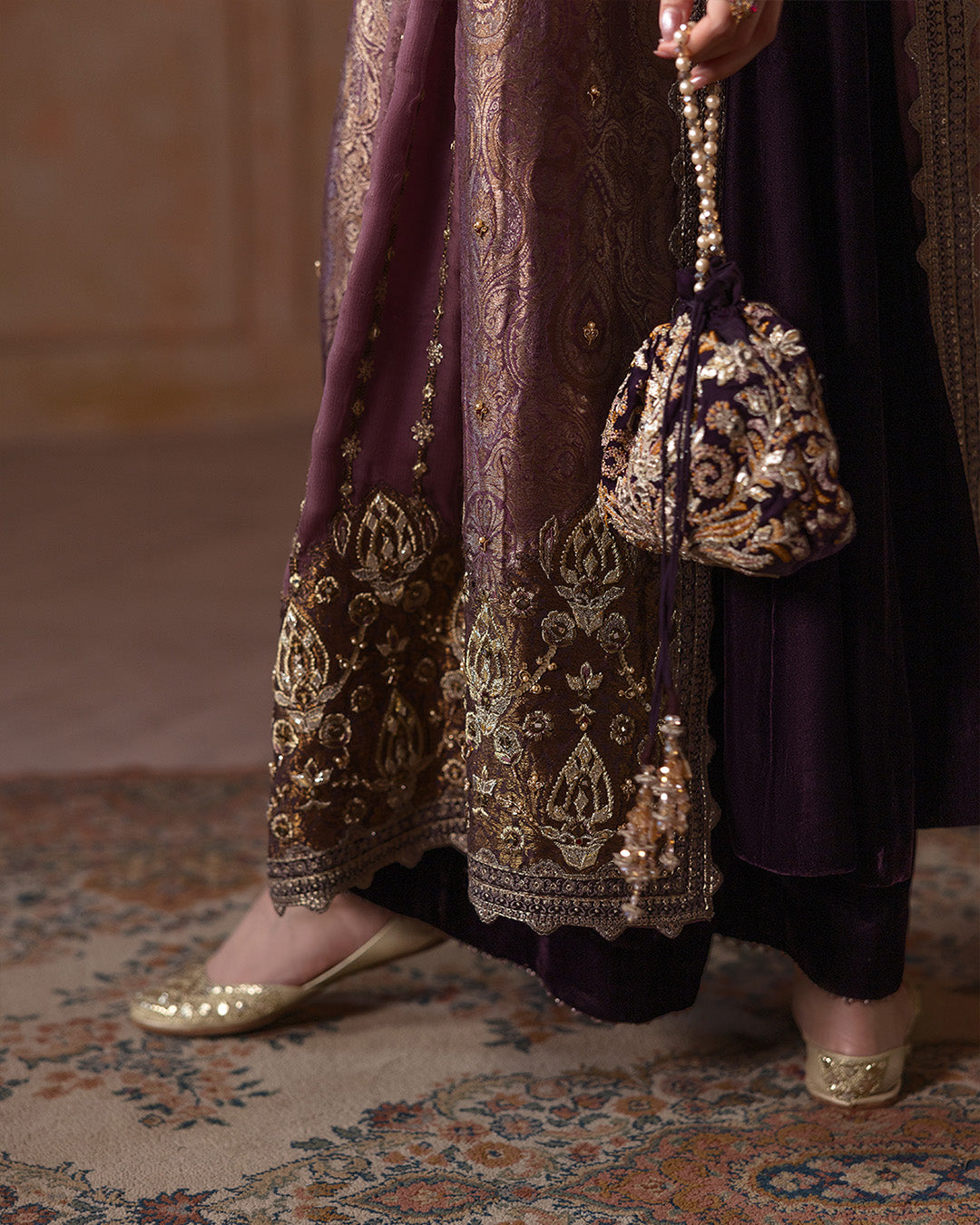 Model Wearing Faiza Saqlain Erna Aubergine Shirt with Culottes for formal events wear - Pakistani Designer Wear for Women in UK | Kifat