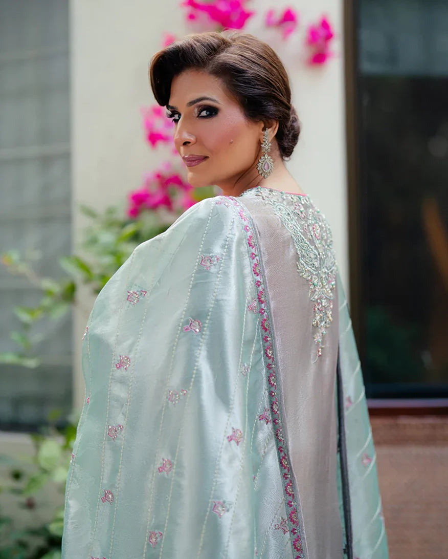 Women Wearing Resham Silver Long Shirt for Formal Events - Pakistani Designer Wear for Women in UK | Kifat