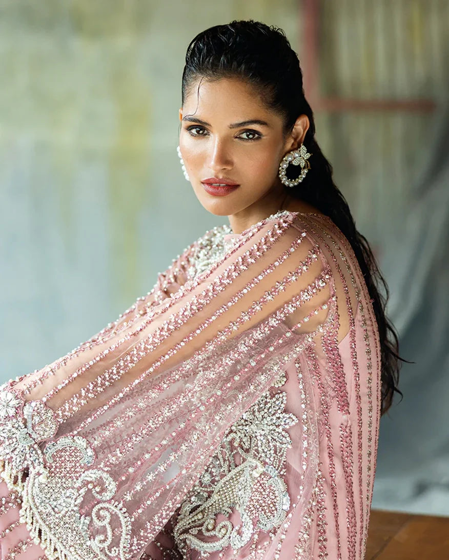 Women Wearing Lys Powder Pink Long Shirt for Wedding Events - Pakistani Designer Wear for Women in UK | Kifat